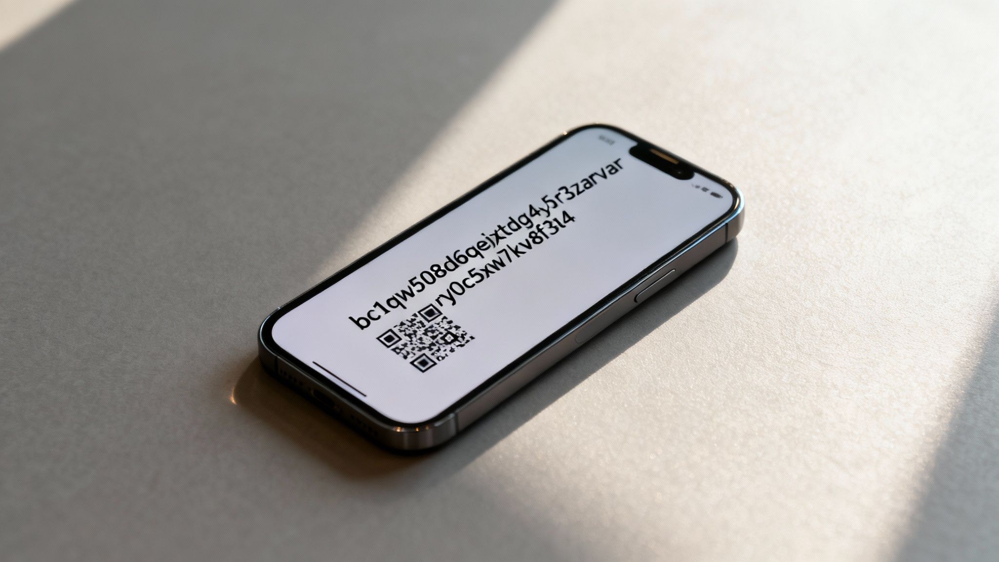 Smartphone displaying cryptocurrency wallet address with QR code on white surface example