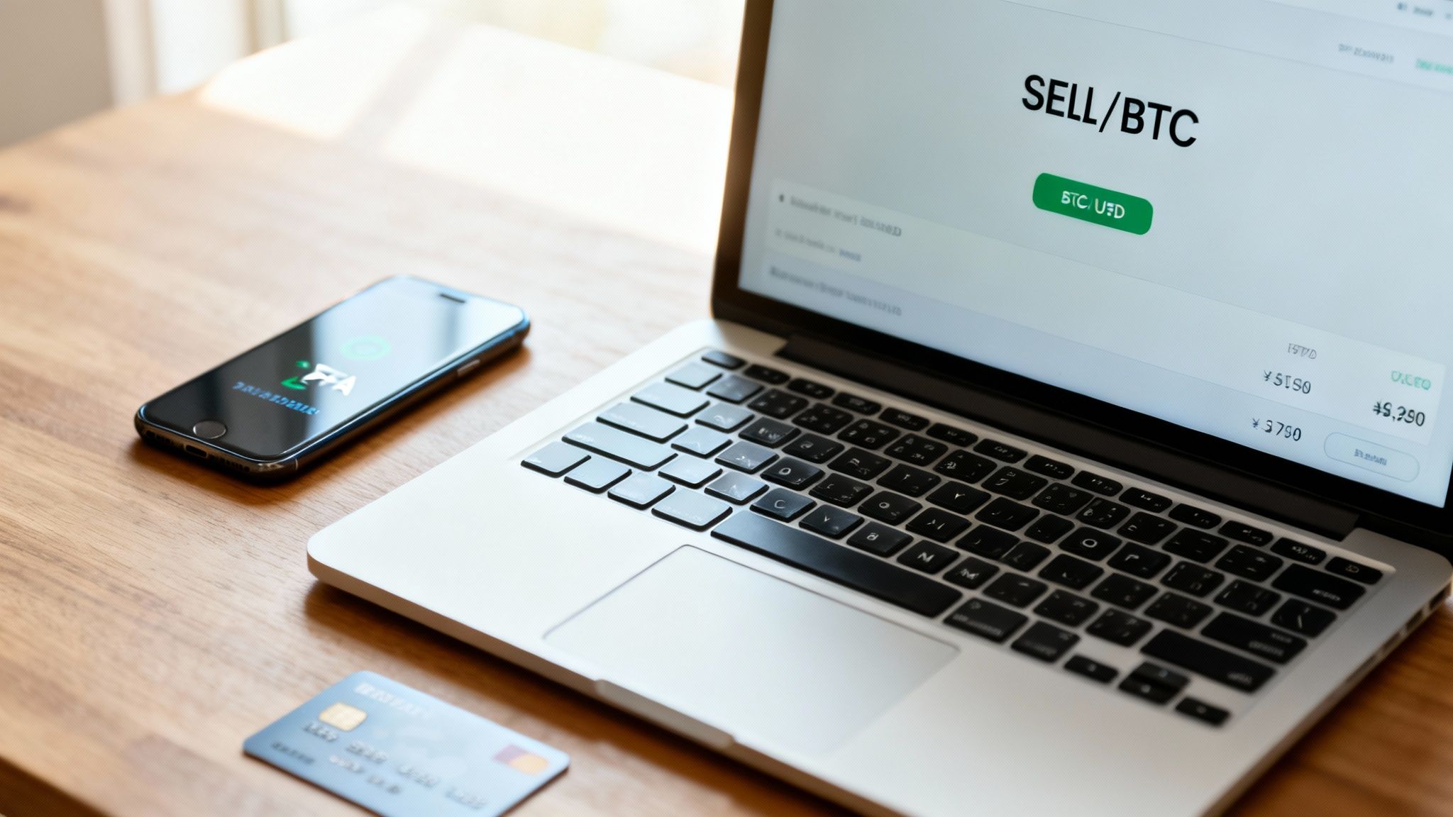 A laptop screen displays a crypto exchange 'SELL/BTC' page, with a phone and credit card on a desk.