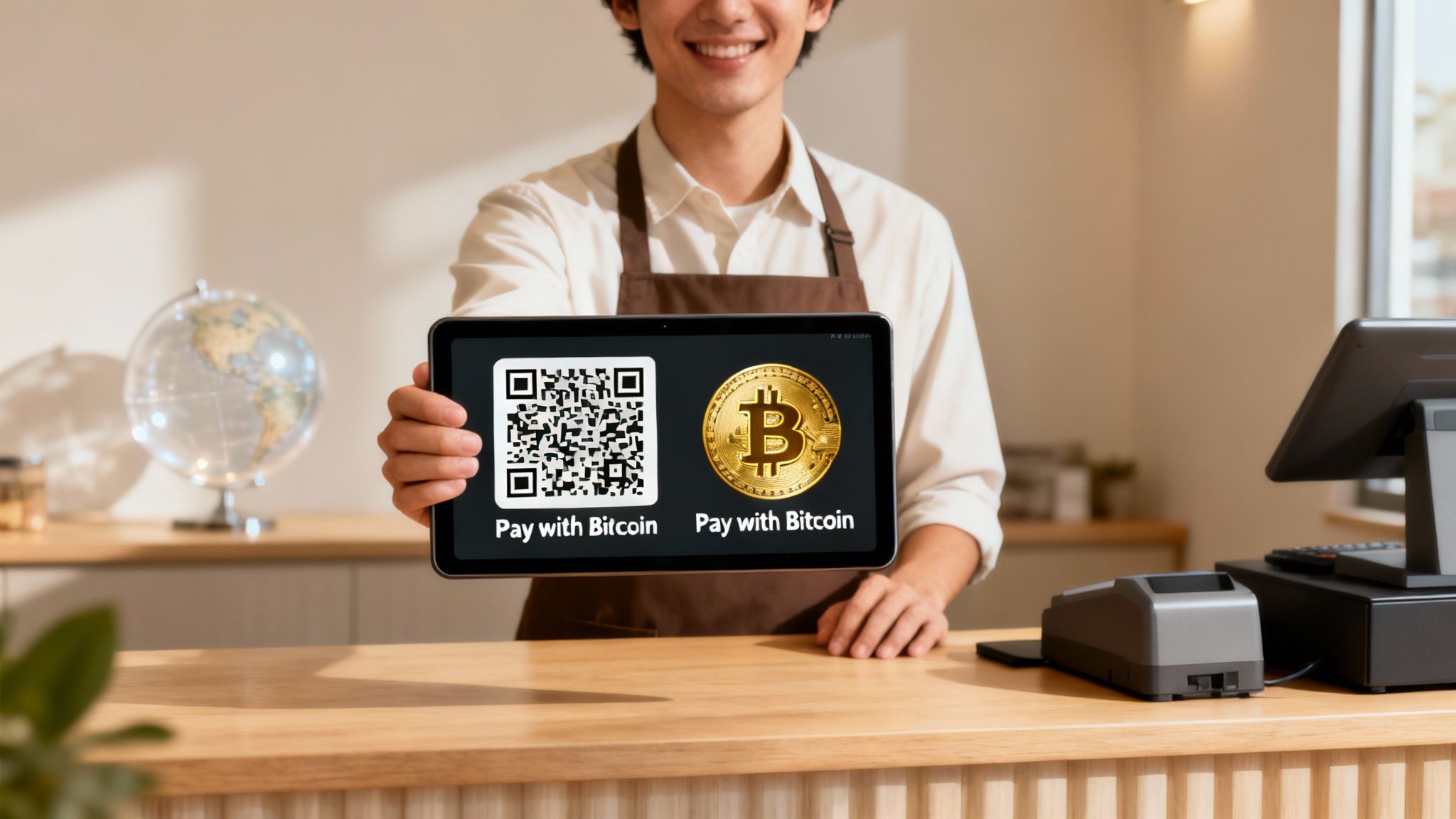 A smiling barista holds a tablet displaying a QR code and Bitcoin logo for cryptocurrency payments.