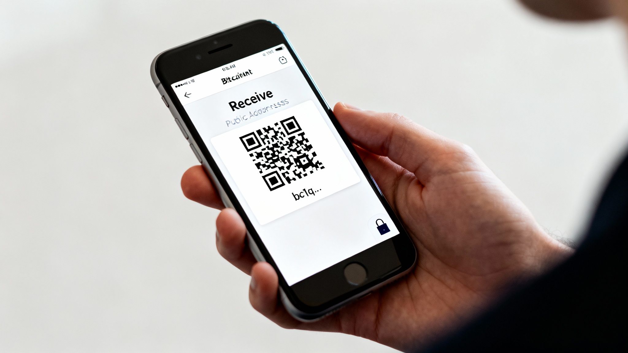 A person holds a smartphone displaying a crypto wallet app with a Bitcoin QR code and address.