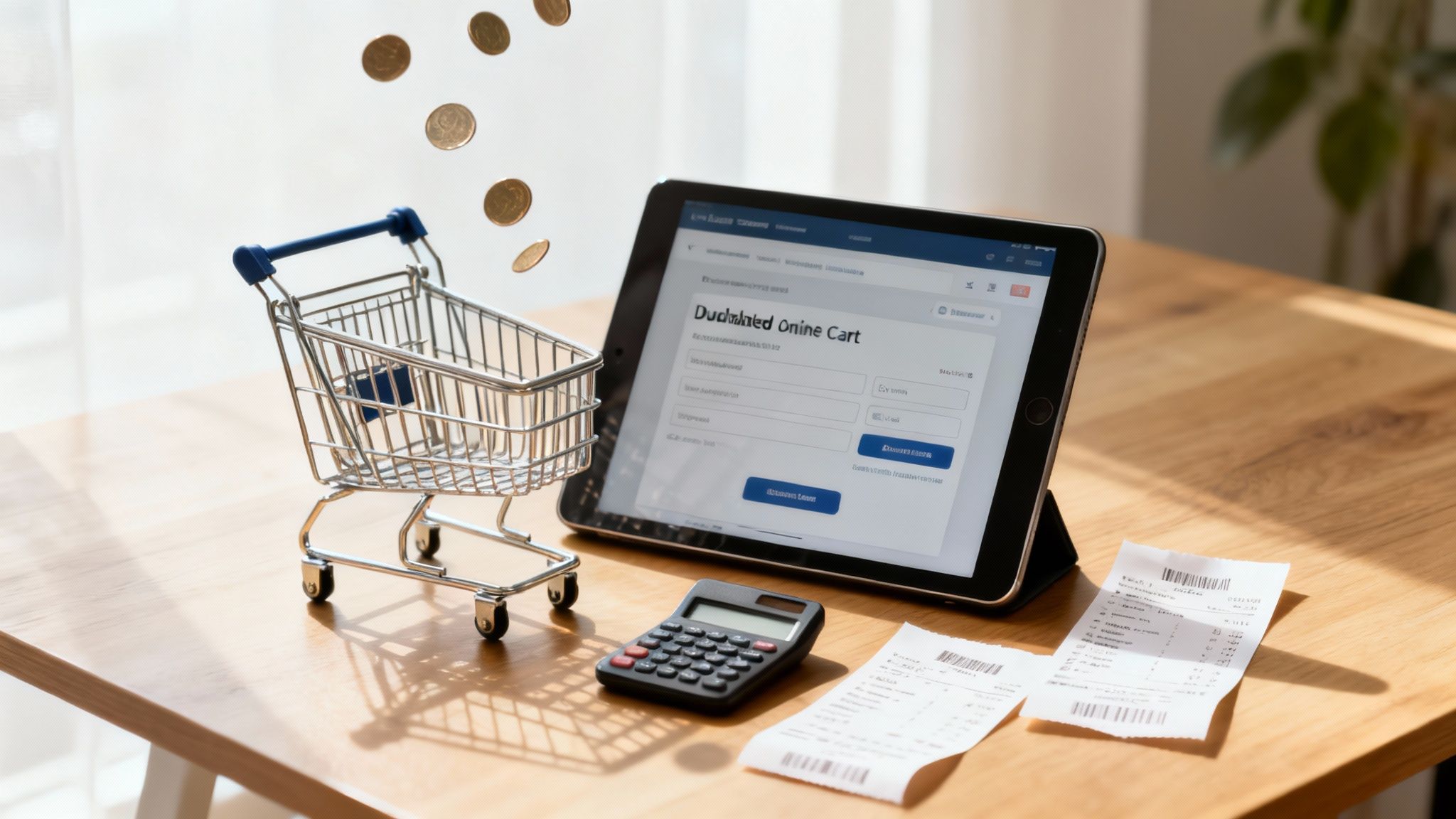 A mini shopping cart, tablet with an online cart, calculator, and receipts on a wooden table, with coins falling.