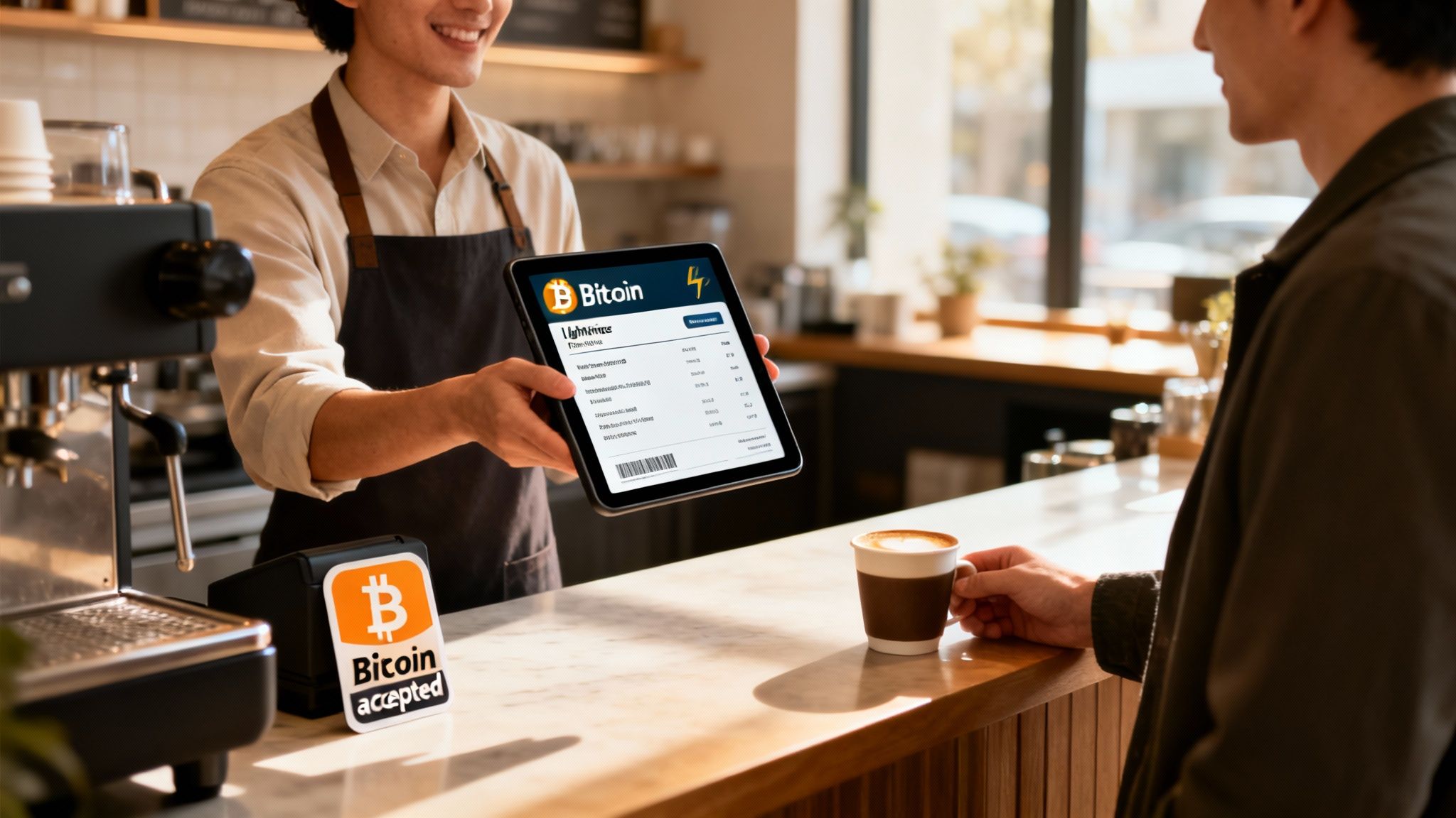 A barista shows a customer a tablet with a Bitcoin payment screen in a modern cafe, with a 'Bitcoin accepted' sign visible.