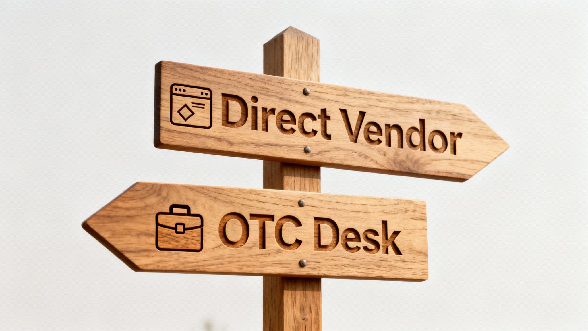 Two wooden directional signs on a post, showing 'Direct Vendor' and 'OTC Desk' options.