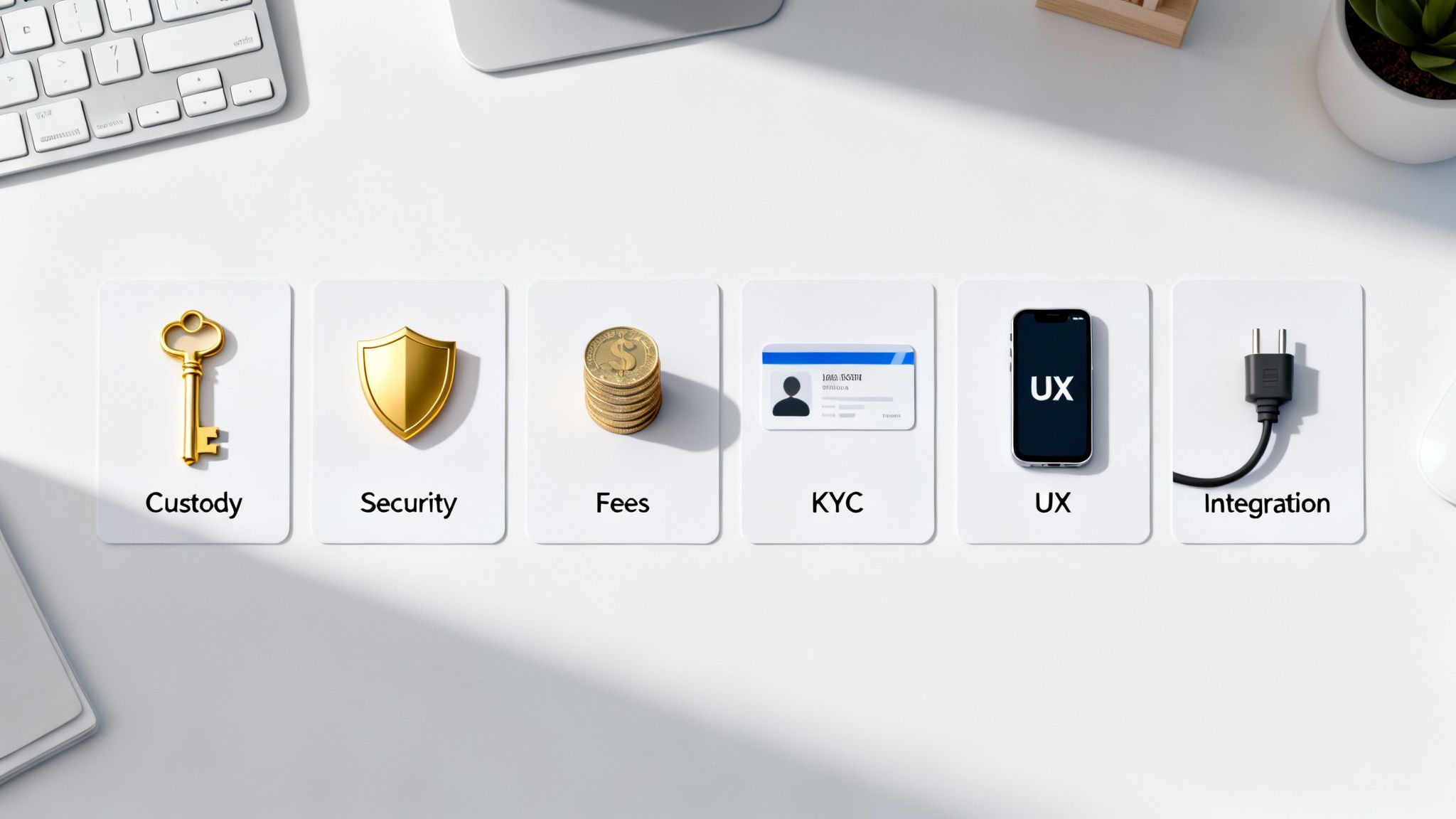 White desk with cards depicting key aspects of financial services: custody, security, fees, KYC, UX, and integration.