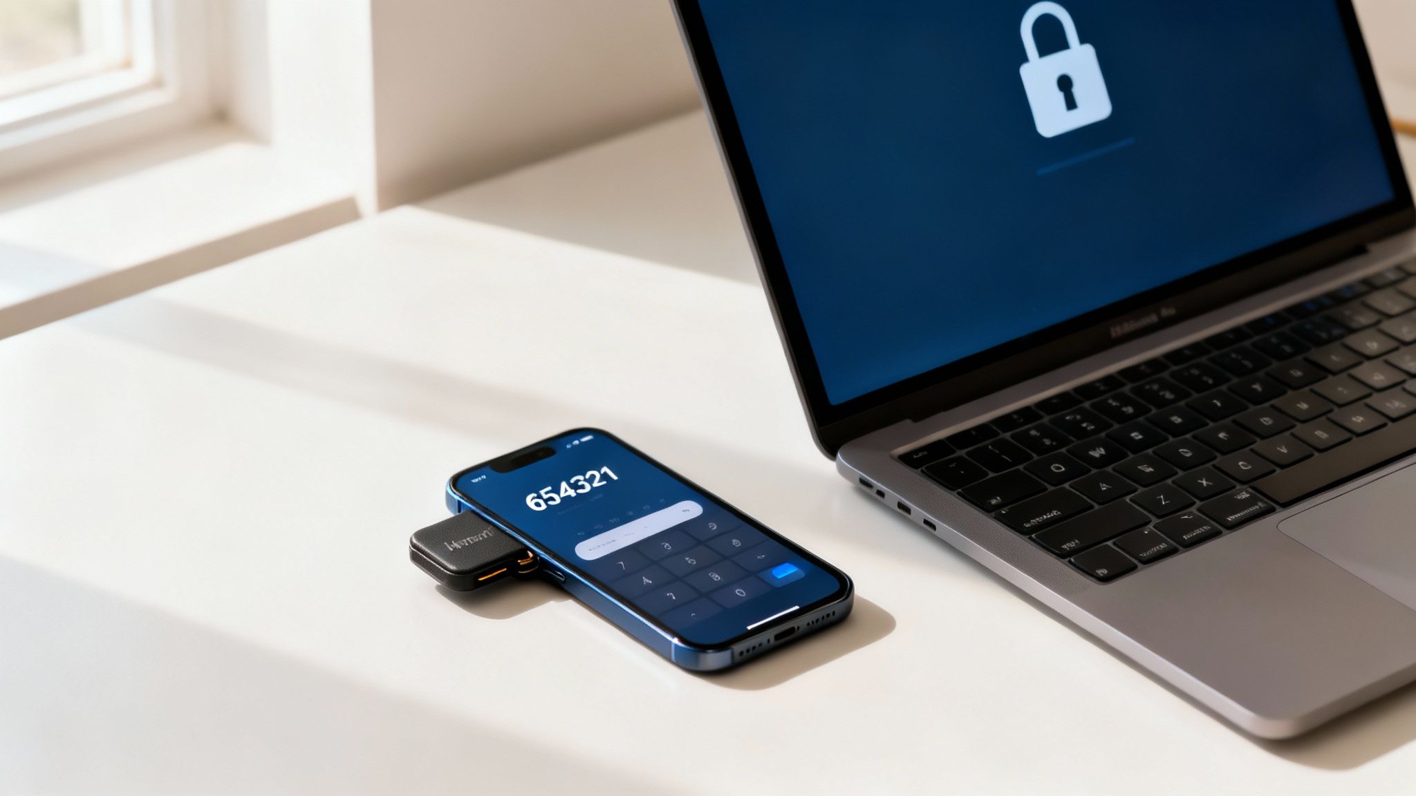 A smartphone displays a security code next to a connected crypto hardware wallet and a laptop.