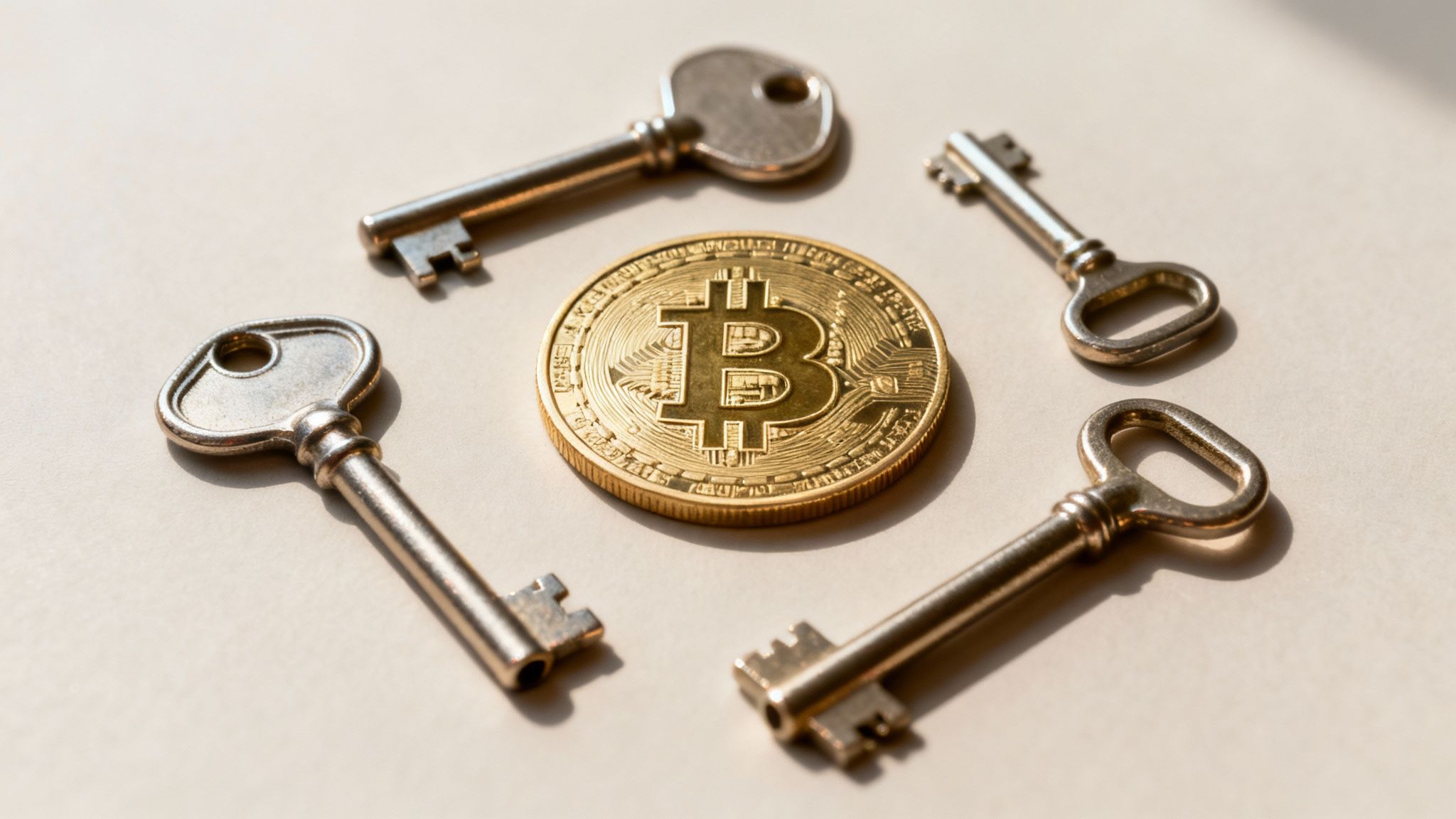 A shiny golden Bitcoin coin is encircled by four vintage metal keys on a neutral background.
