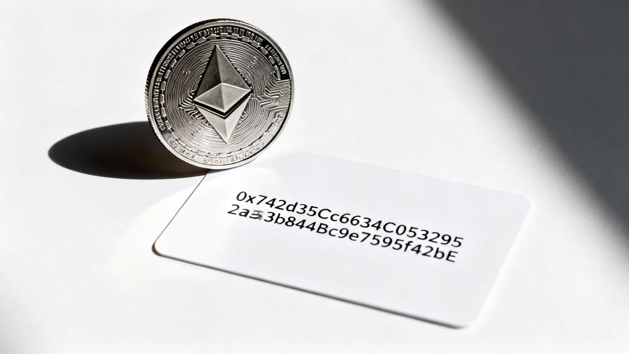 Ethereum cryptocurrency coin resting on paper displaying blockchain wallet address in hexadecimal format