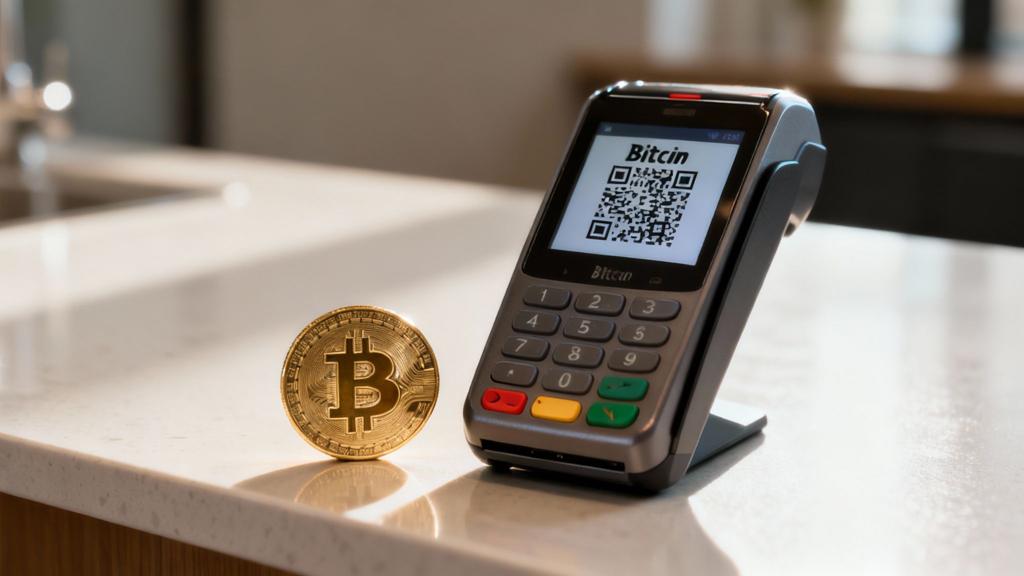 A stylized Bitcoin logo on a digital background, representing cryptocurrency payments.