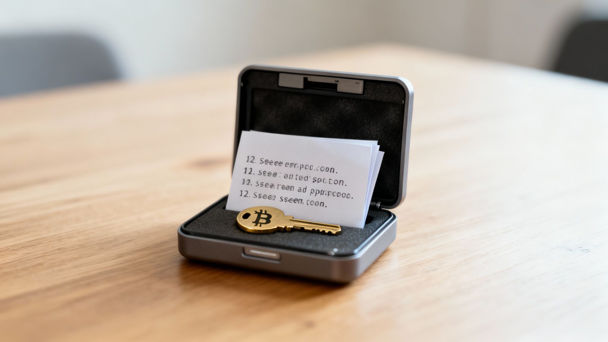 Bitcoin key with recovery seed phrase paper in secure storage box representing cryptocurrency wallet security