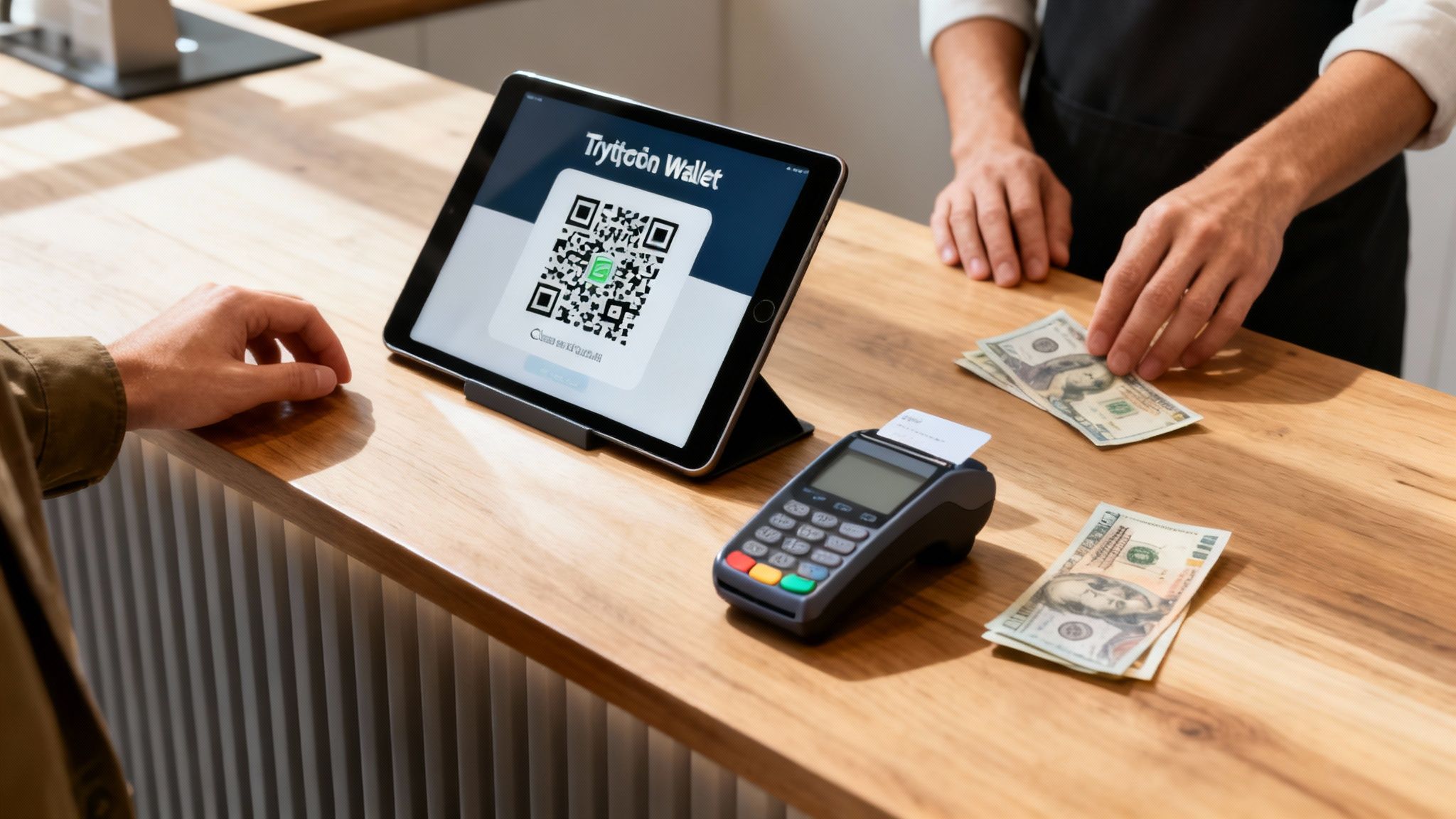A customer and cashier at a counter, a tablet displays a QR code for 'Trytqon Wallet' next to a cash payment.