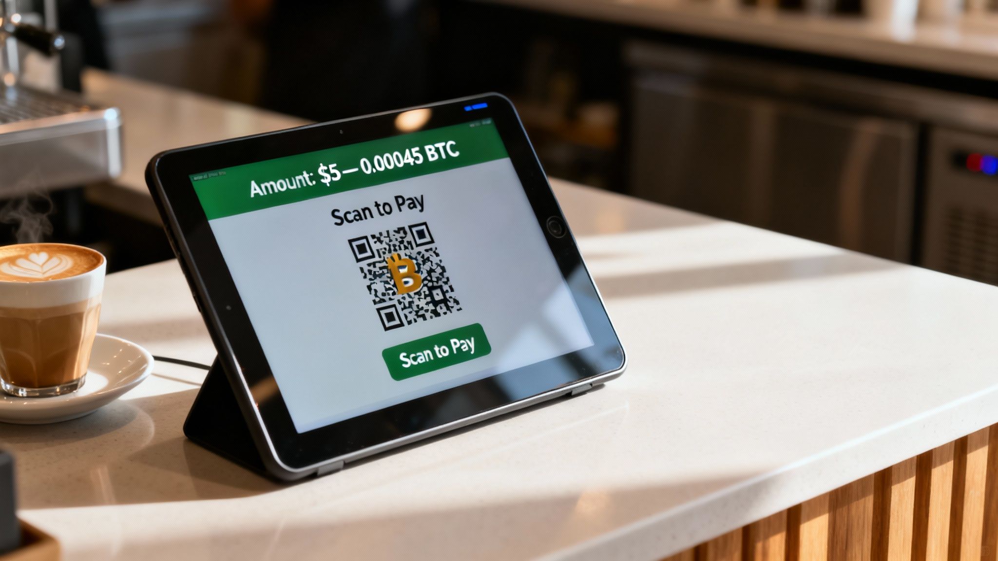 A tablet on a cafe counter displays a QR code for a Bitcoin payment, with a latte nearby.
