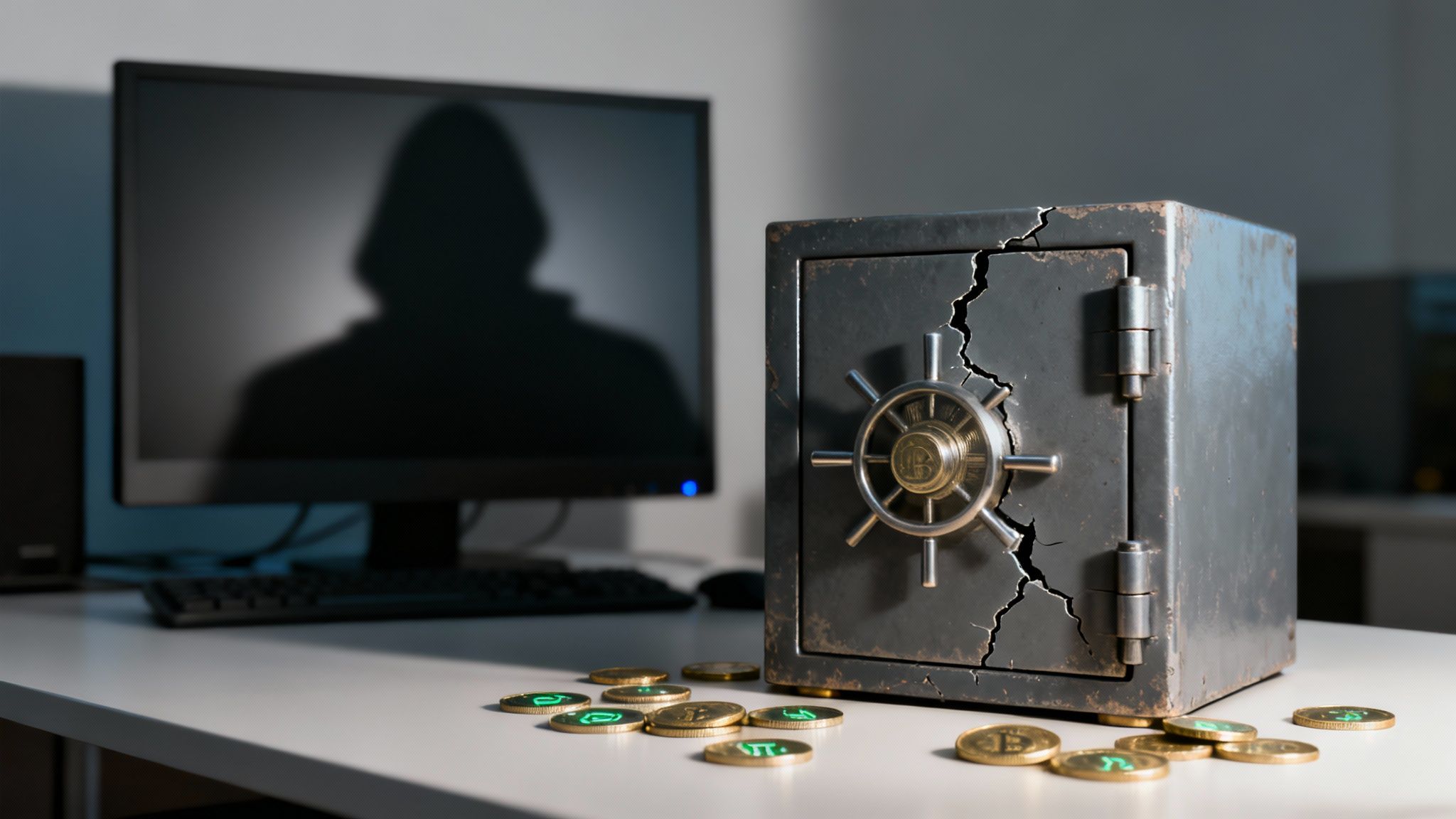 A cracked safe with a Bitcoin symbol and scattered crypto coins, with a shadowy hacker figure on a computer screen.