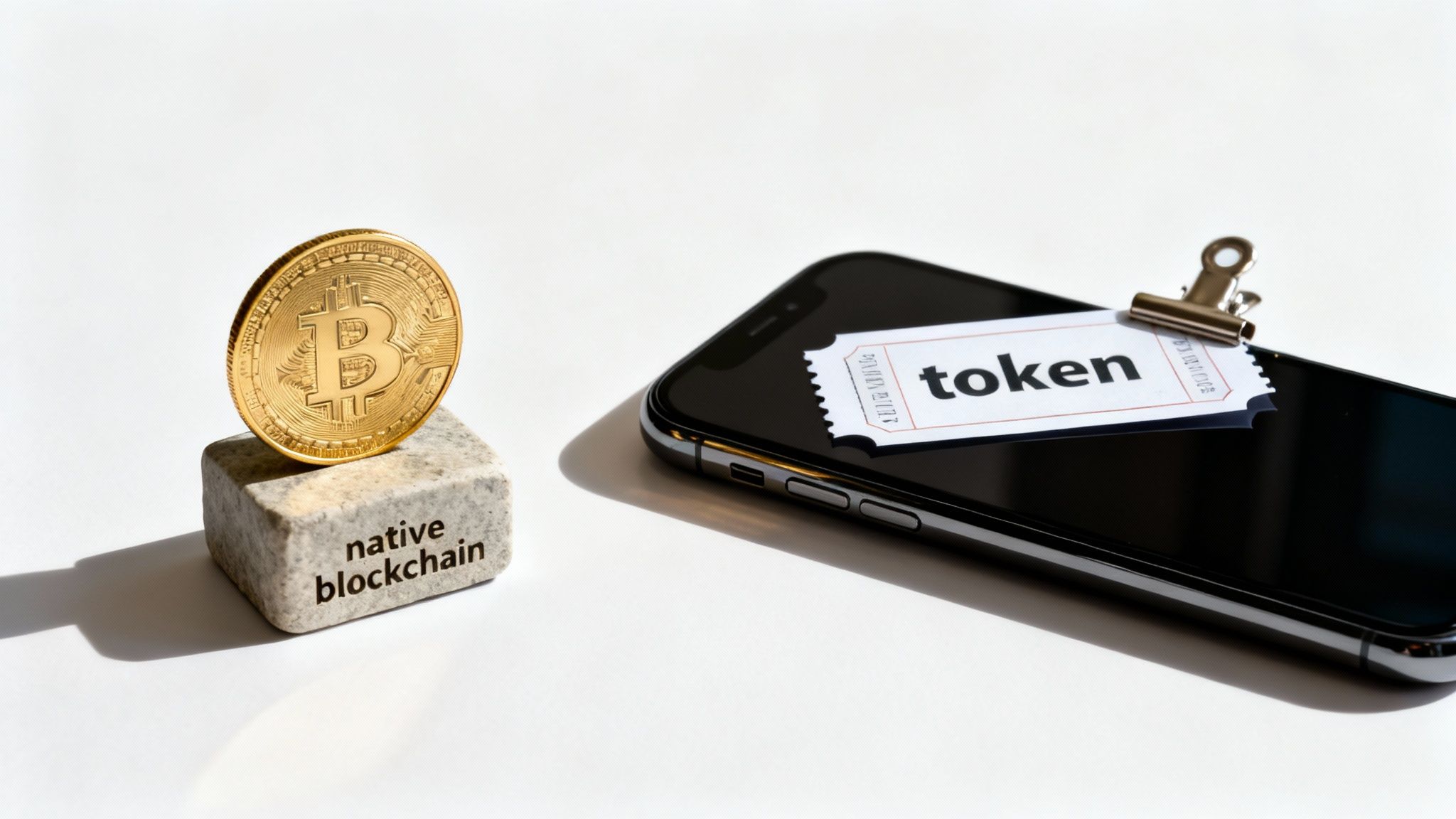 A digital coin and a physical token side-by-side, symbolizing their different roles.