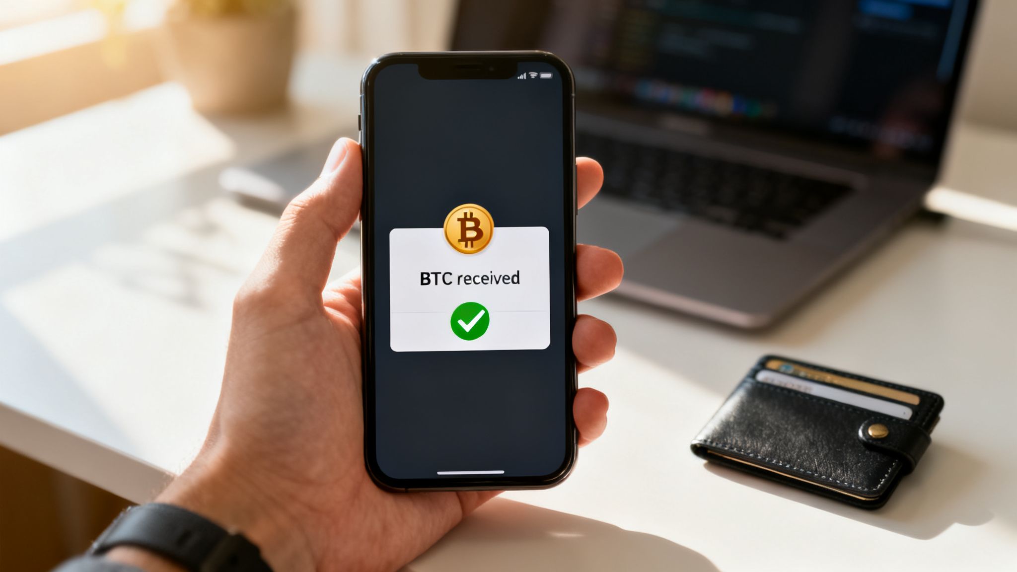 A hand holds a smartphone displaying a 'BTC received' notification with a Bitcoin icon.