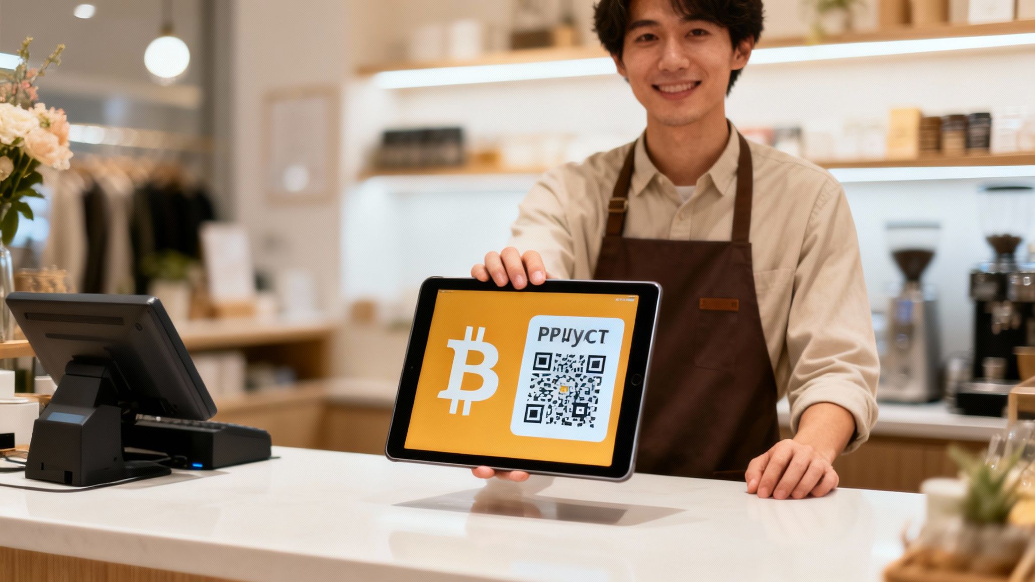 Man in an apron holds a tablet displaying a Bitcoin logo and QR code for digital currency.