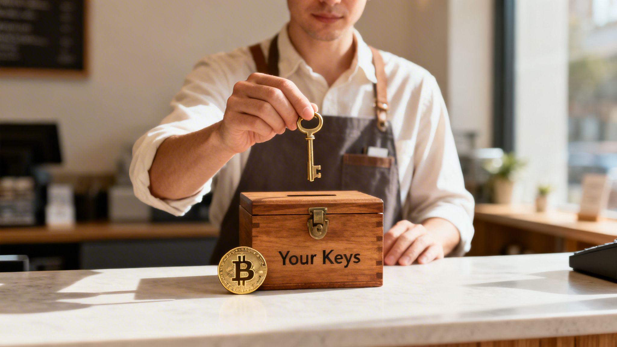 A person in an apron holds a golden key over a wooden box labeled 'Your Keys' next to a Bitcoin.