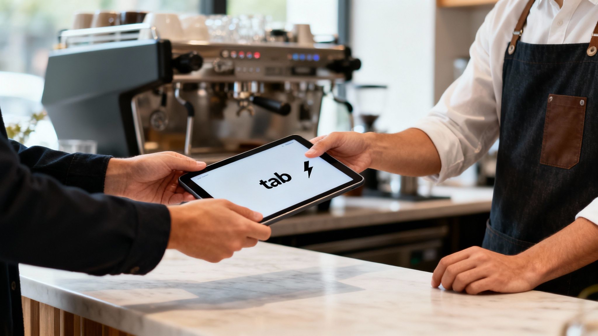 Two hands exchanging a tablet displaying 'tab' and a lightning bolt logo in a coffee shop.