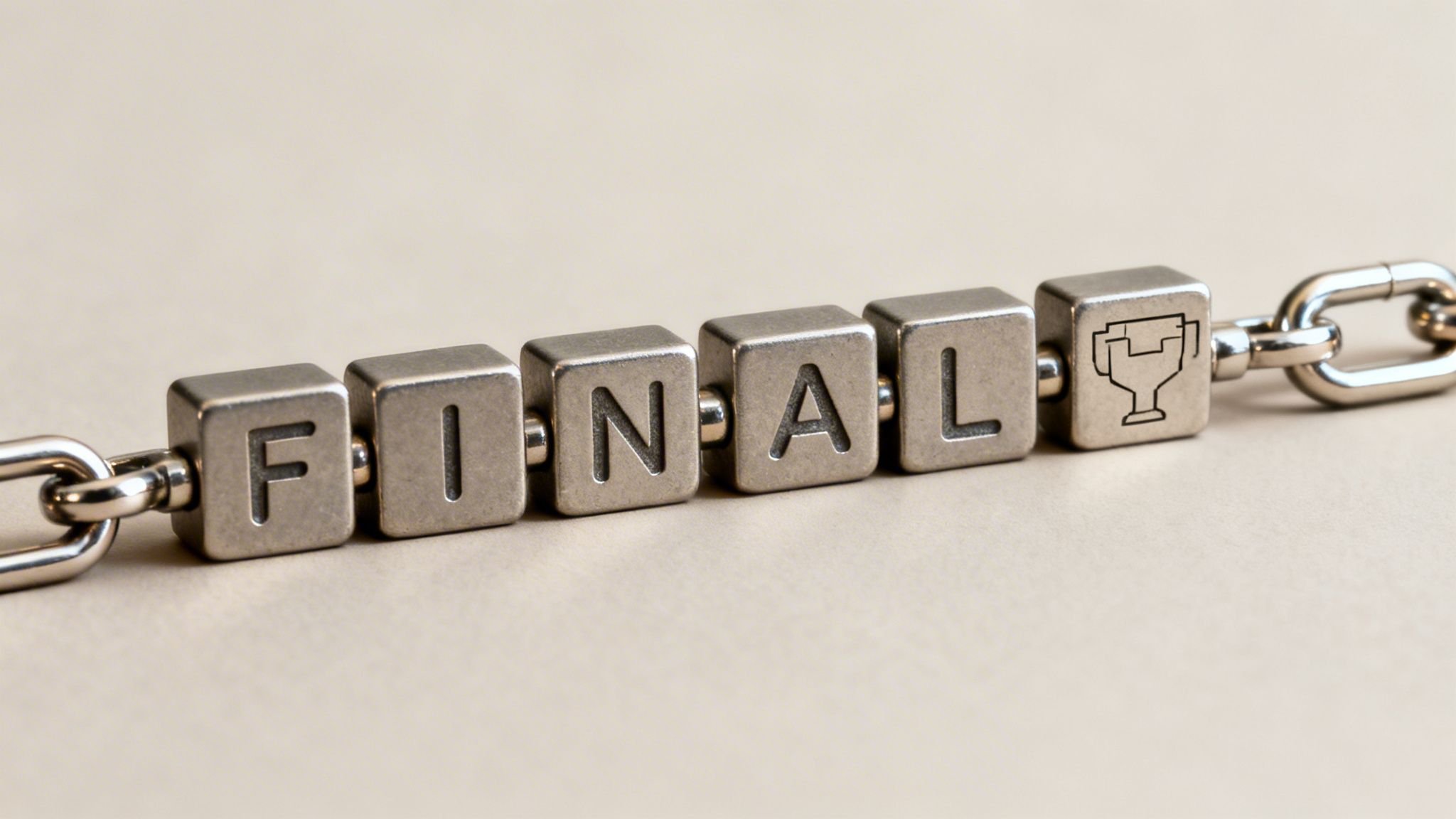 Metallic cubes spelling 'FINAL' with a trophy icon, linked on a silver chain.