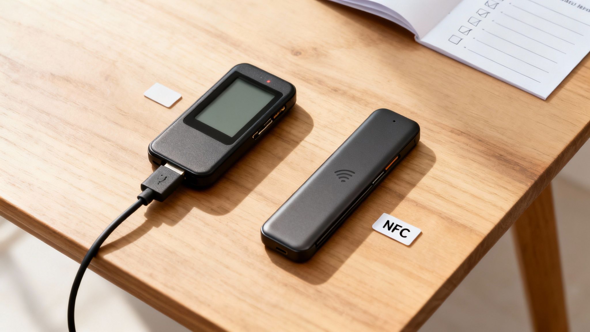 A close-up shot of a sleek hardware wallet, representing the choice a user has to make.