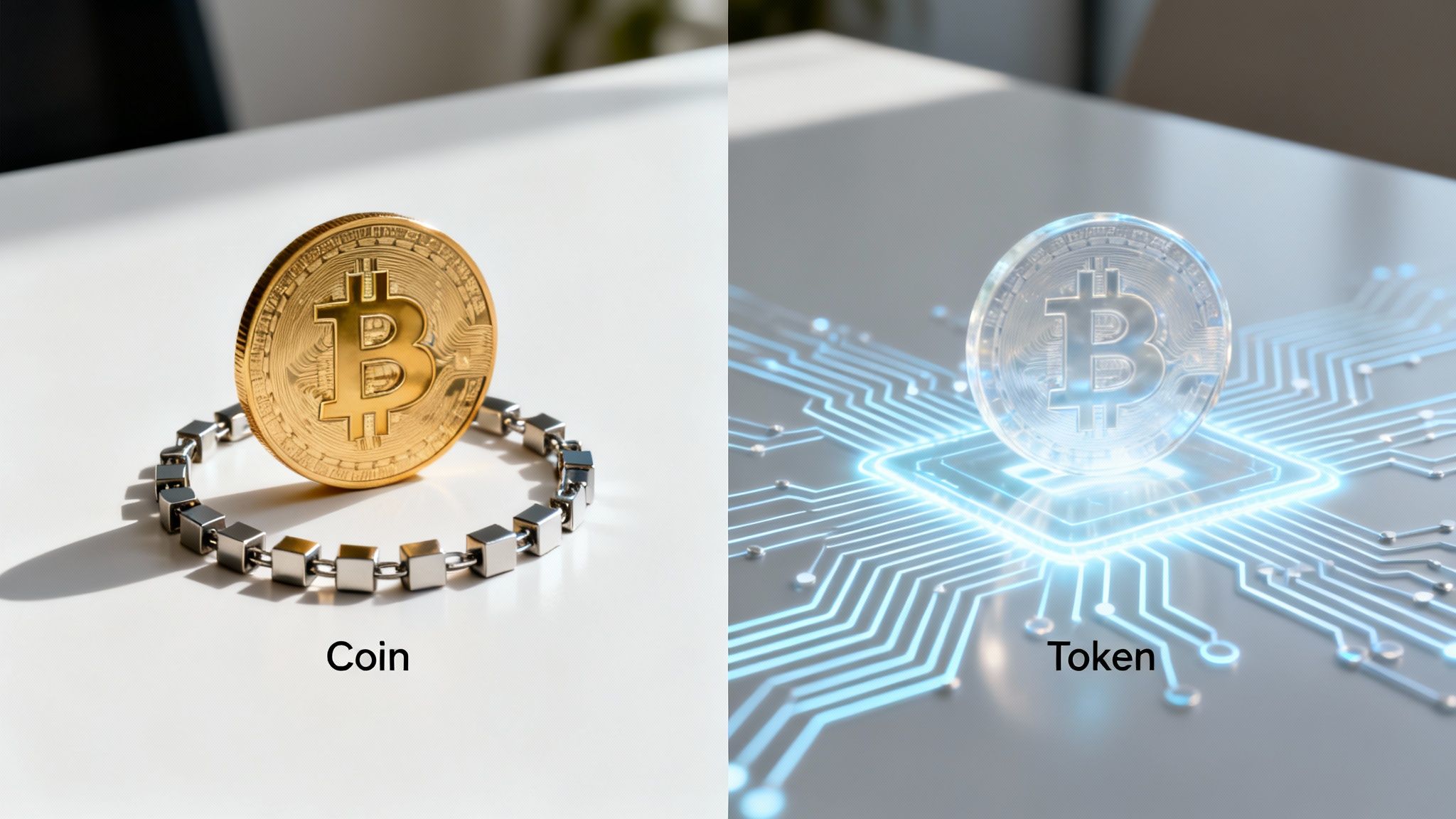 A Bitcoin coin on a chain and a glowing Bitcoin token on a circuit board illustrate the difference.