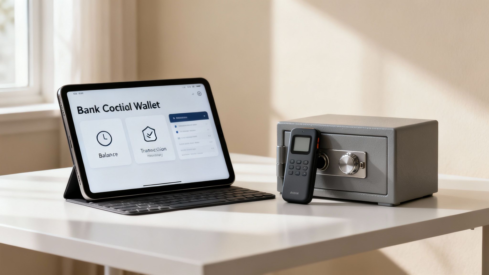 A tablet displays a banking app next to a security token and a small safe, emphasizing digital finance security.