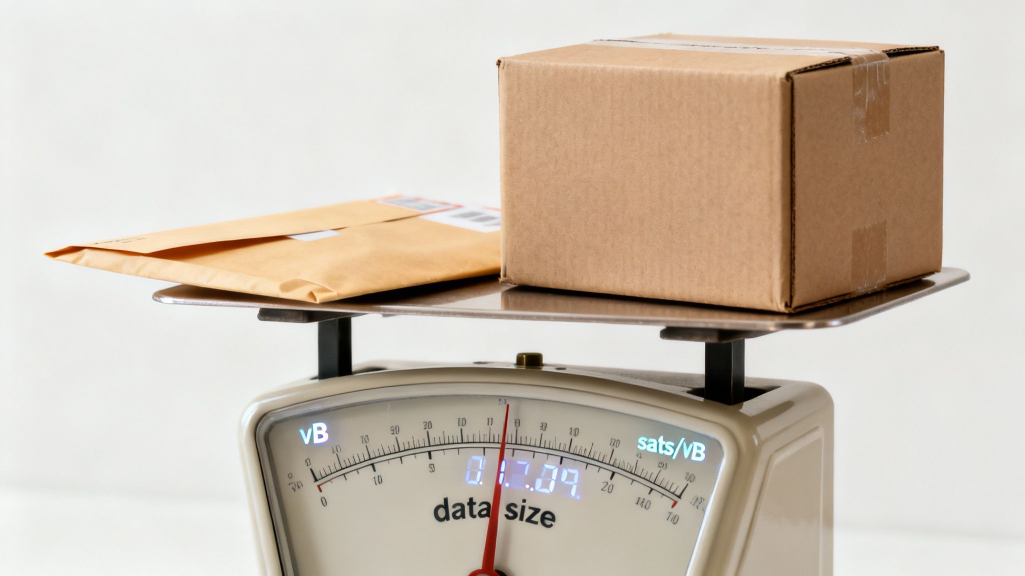 A shipping box and envelope are being weighed on a scale showing "data size" and "sats/VB".