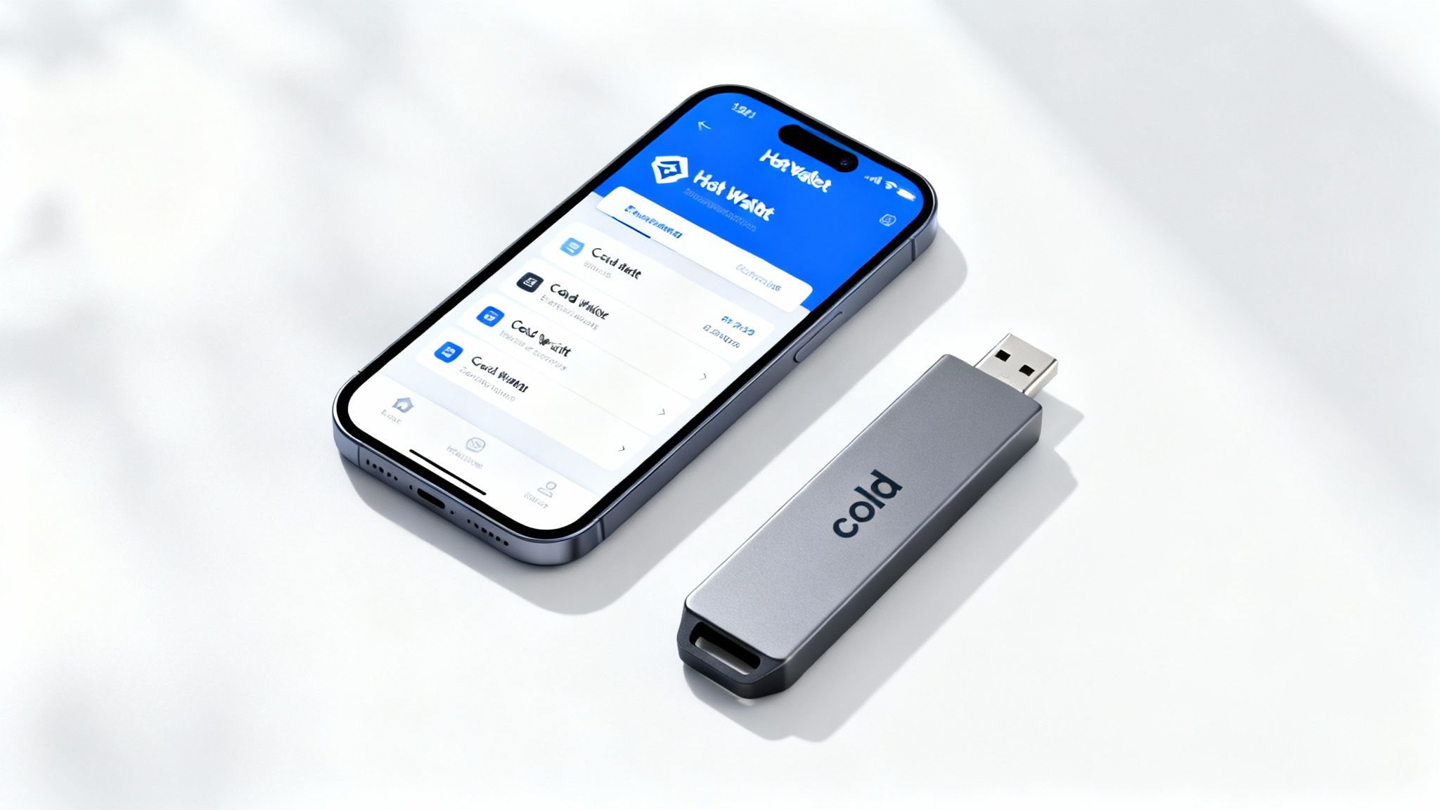 A person choosing between a hot wallet on a phone and a cold hardware wallet device