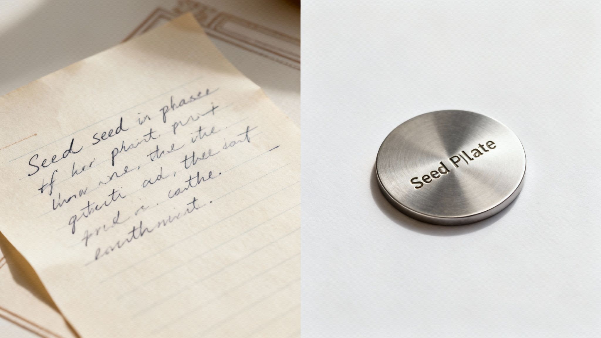 A handwritten note with text, 'Seed seed in phases', next to a metallic disc engraved with 'Seed P|late'.
