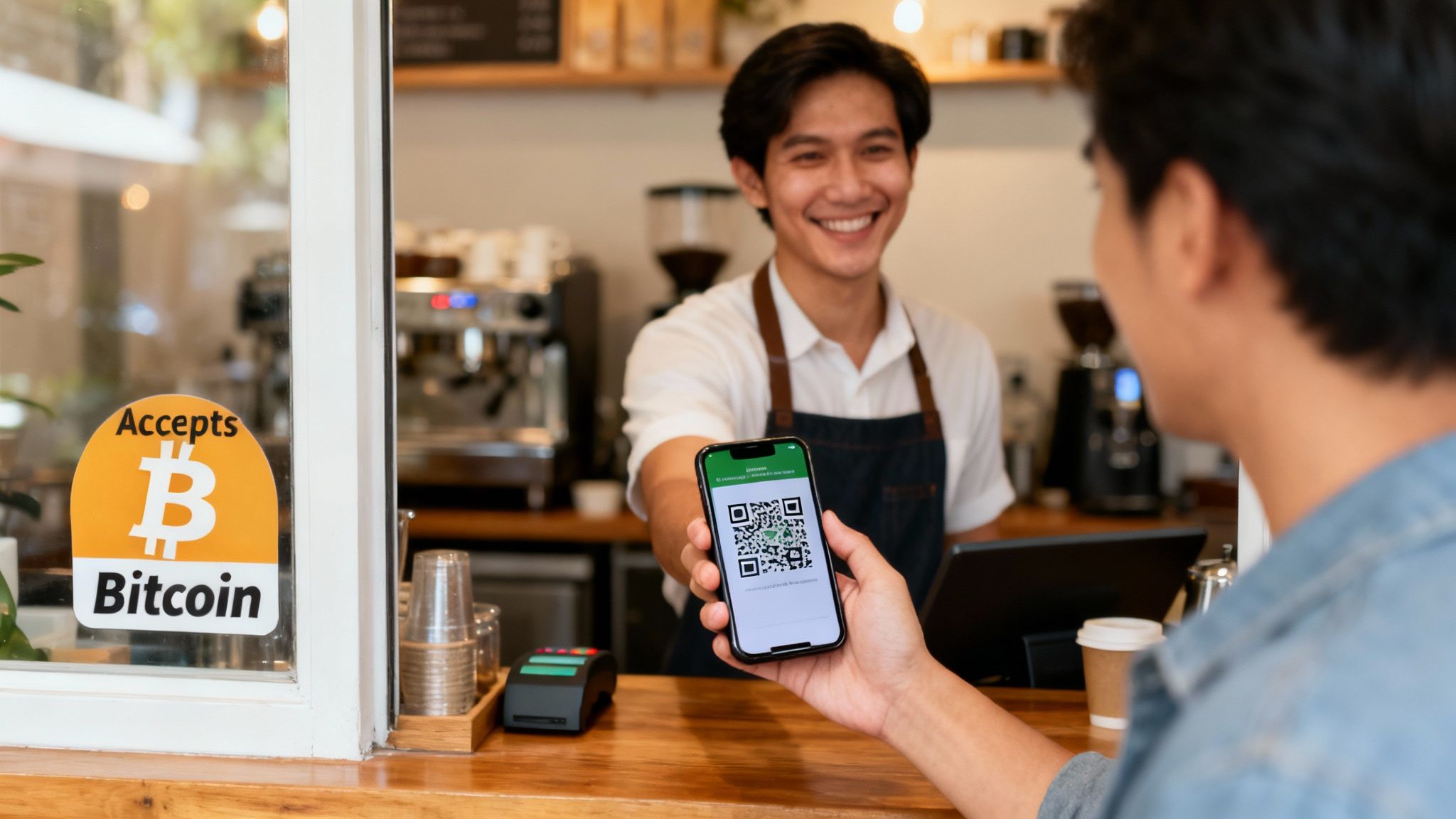 Smiling barista accepts a bitcoin mobile payment via QR code from a customer in a cafe.
