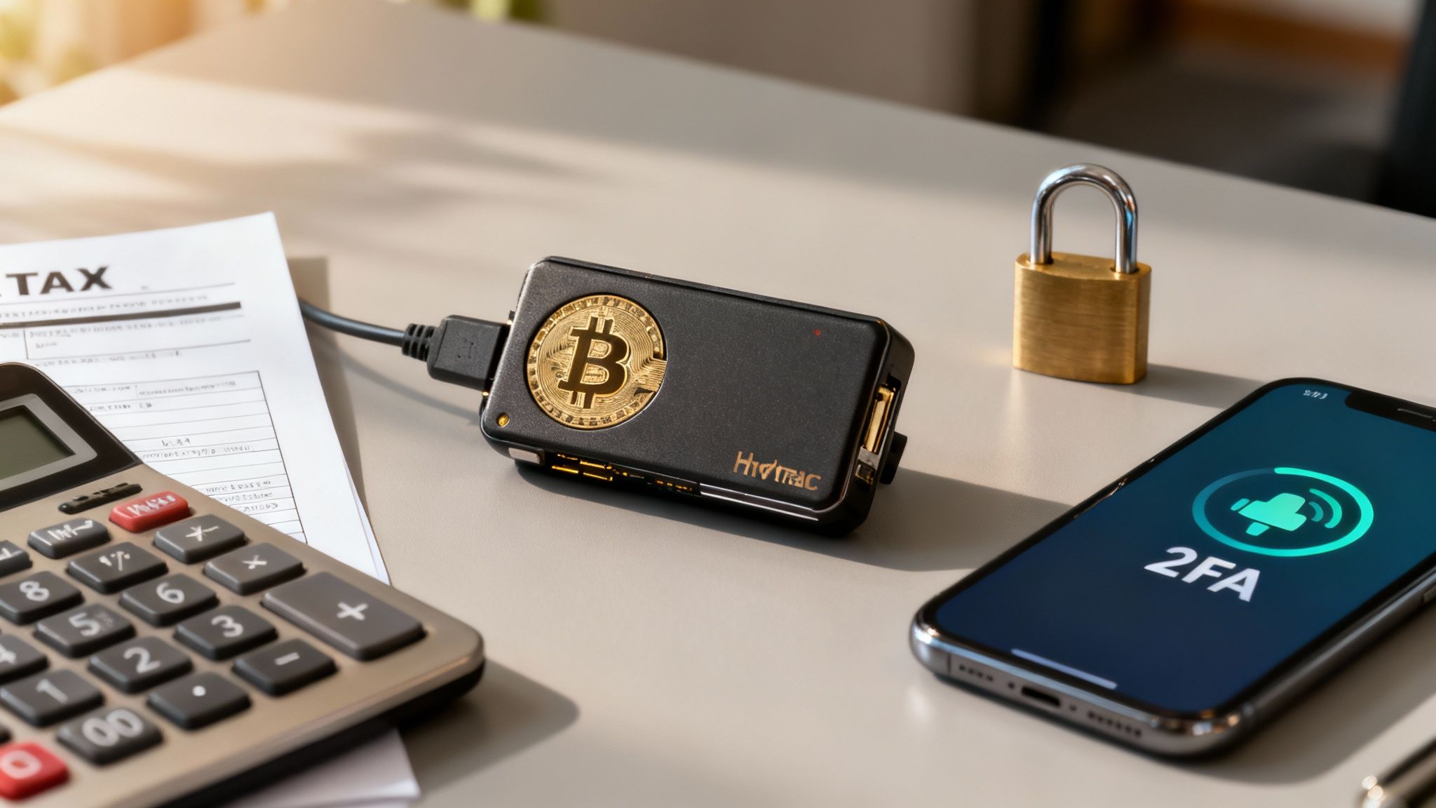 Desk setup showing a Bitcoin hardware wallet, smartphone with 2FA, tax document, calculator, and padlock.