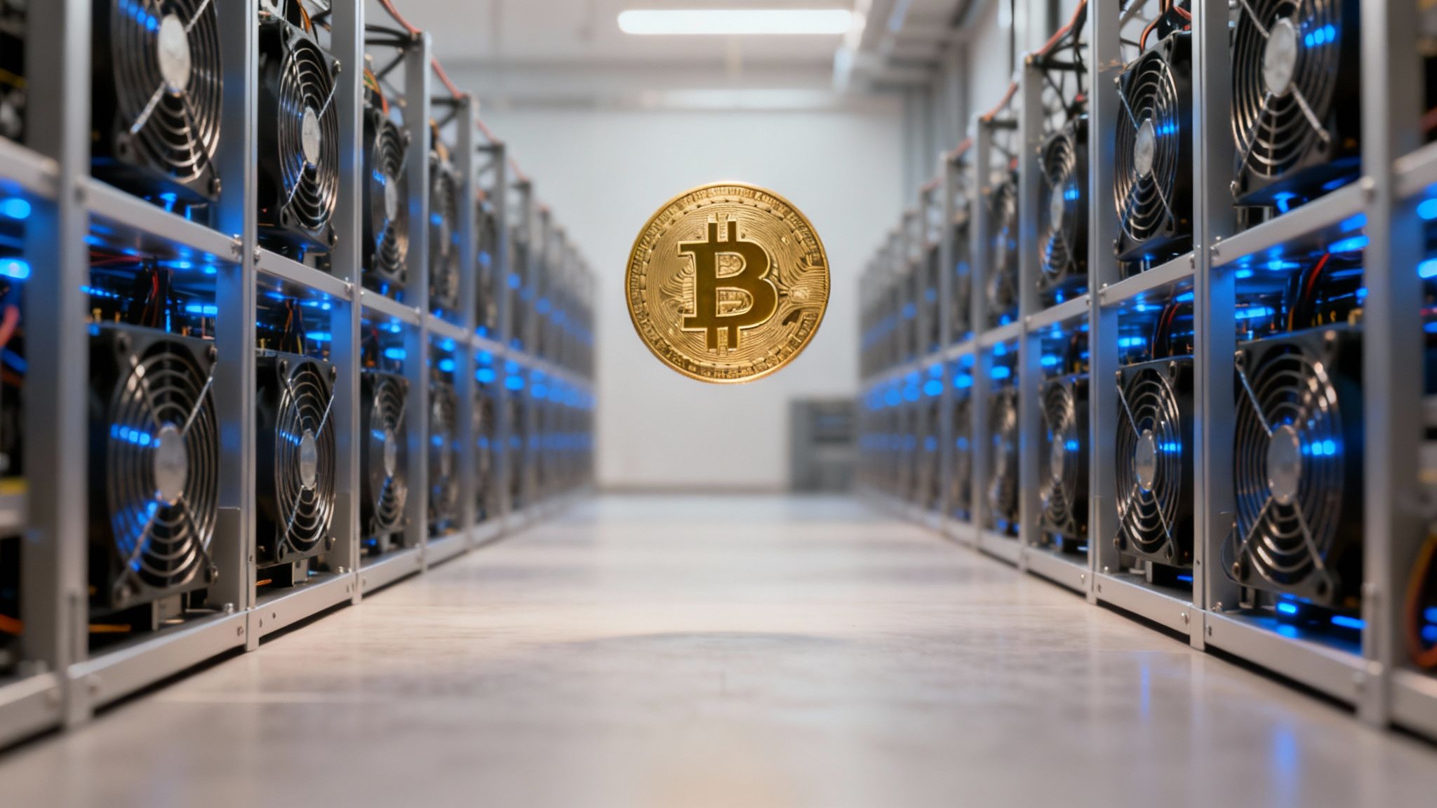 A golden Bitcoin coin floats in a cryptocurrency mining farm with rows of glowing blue rigs.