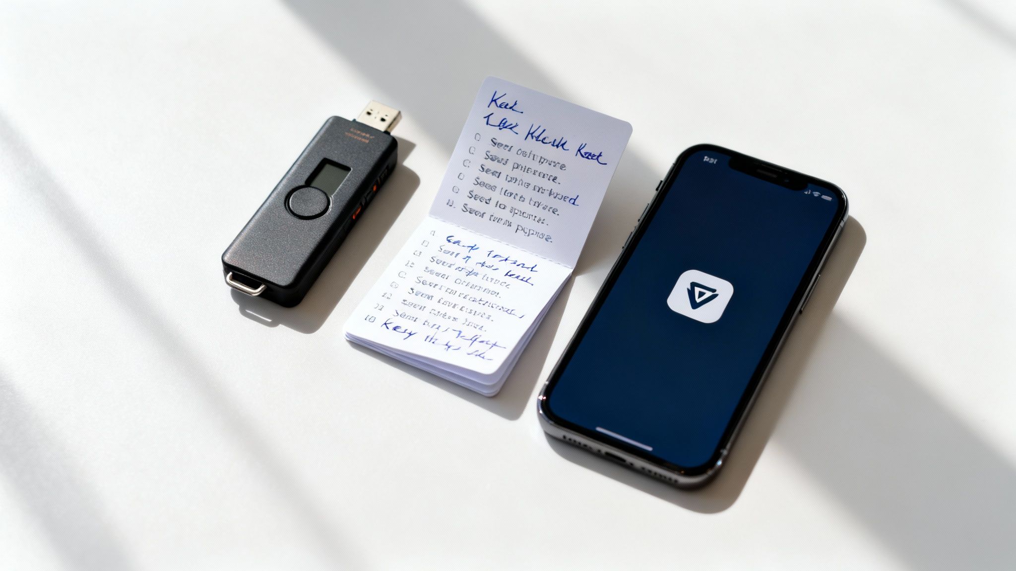 A black hardware wallet, a notepad with a handwritten crypto seed phrase, and a smartphone displaying a crypto app.