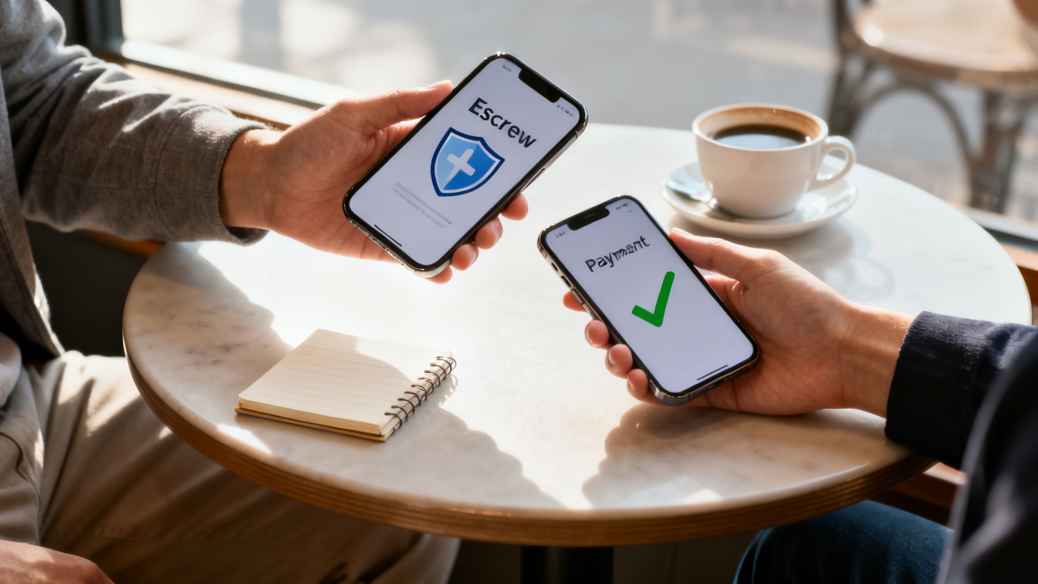 Two people in a cafe using smartphones for a secure online payment transaction with escrow.