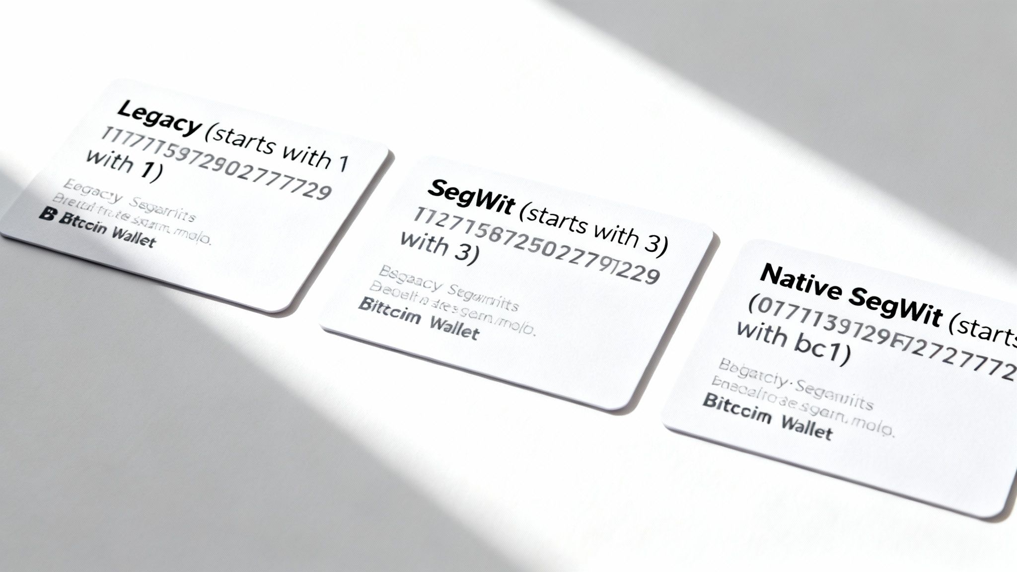Three white cards displaying examples of Legacy, SegWit, and Native SegWit Bitcoin wallet addresses.