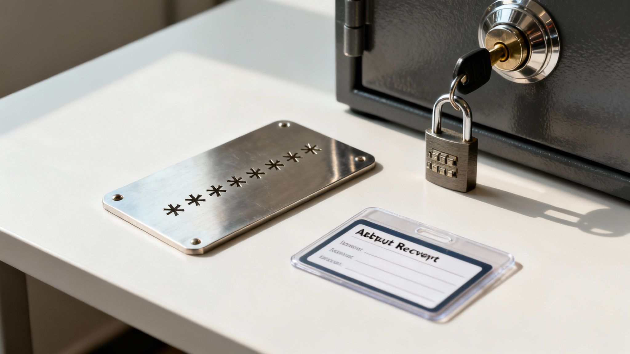 Secure password plate, safe with key and padlock, and account recovery card on a white table.