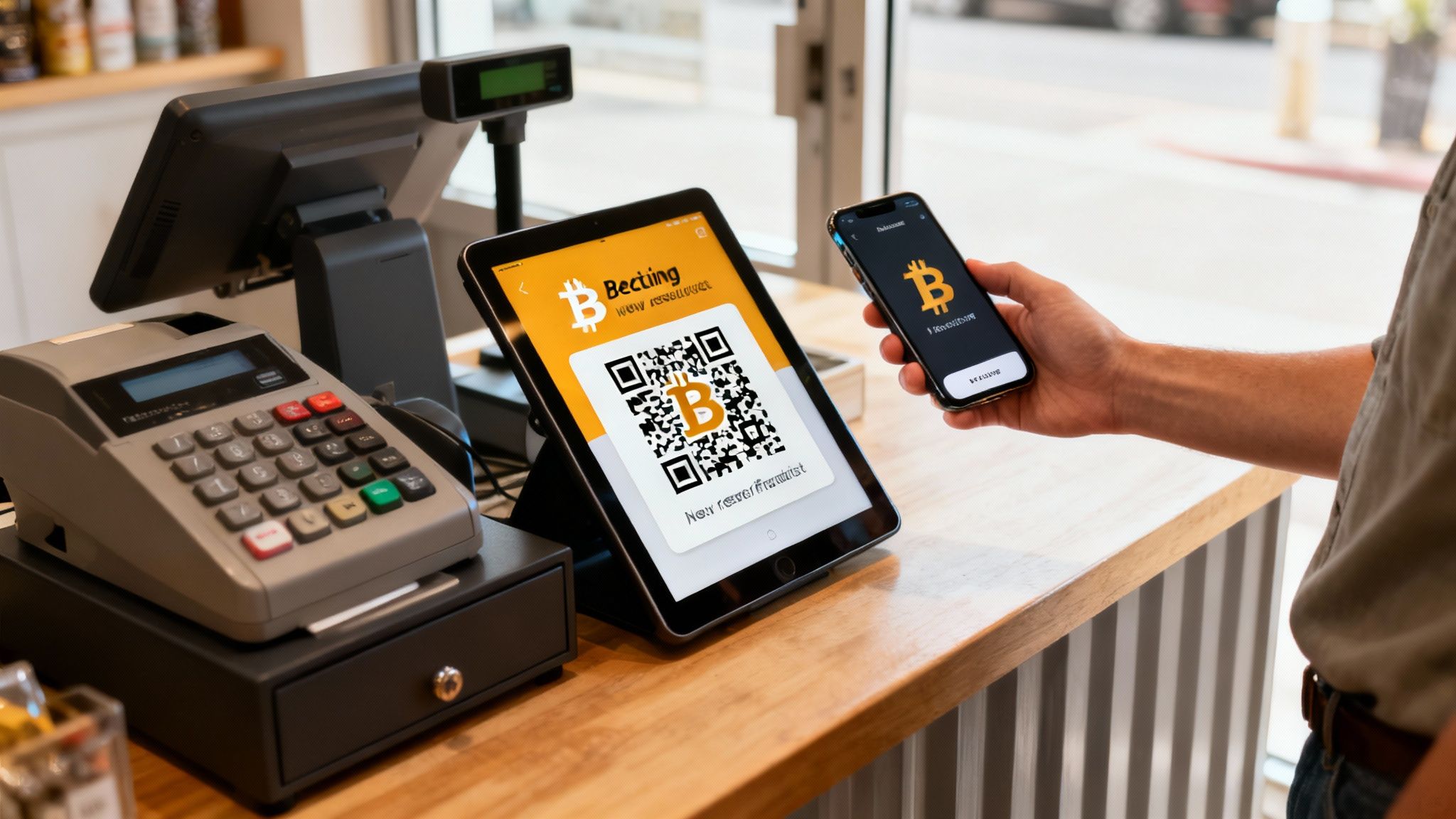 A smartphone screen displaying a Bitcoin transaction confirmation with a green checkmark.