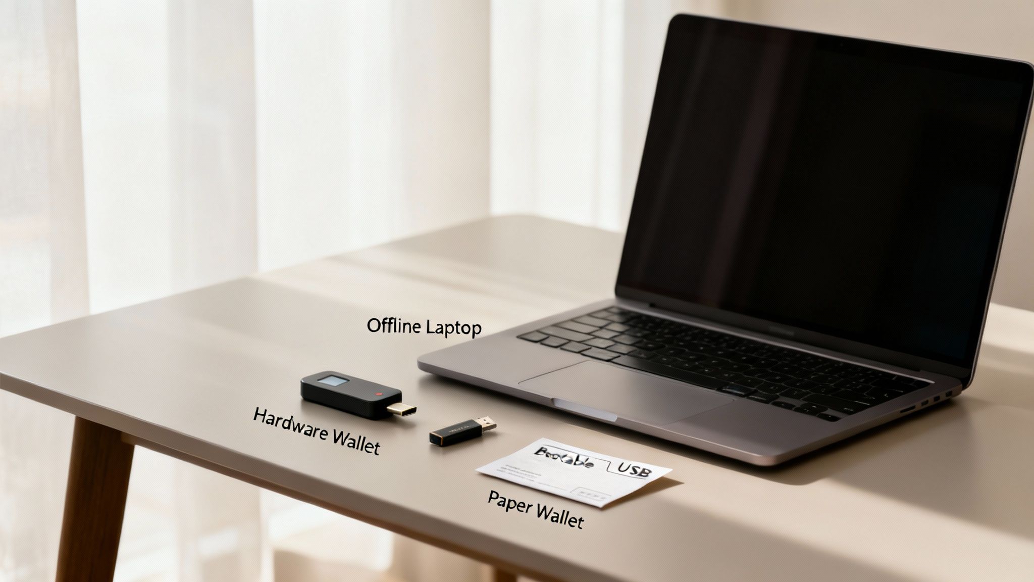 A secure cryptocurrency setup with an offline laptop, hardware wallet, and a paper wallet.