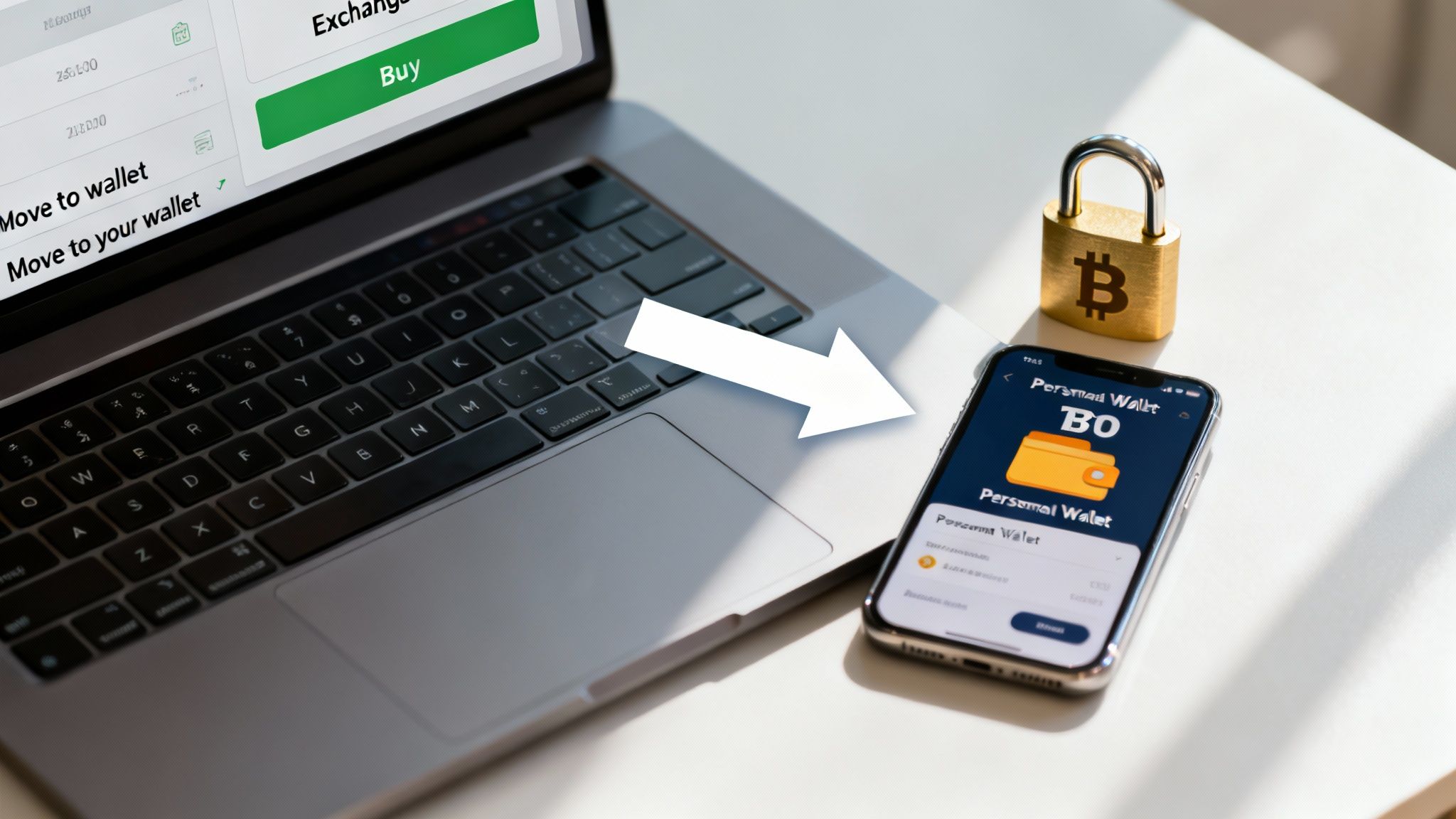 Laptop screen shows crypto exchange, transferring funds to a mobile personal wallet, secured by a Bitcoin padlock.