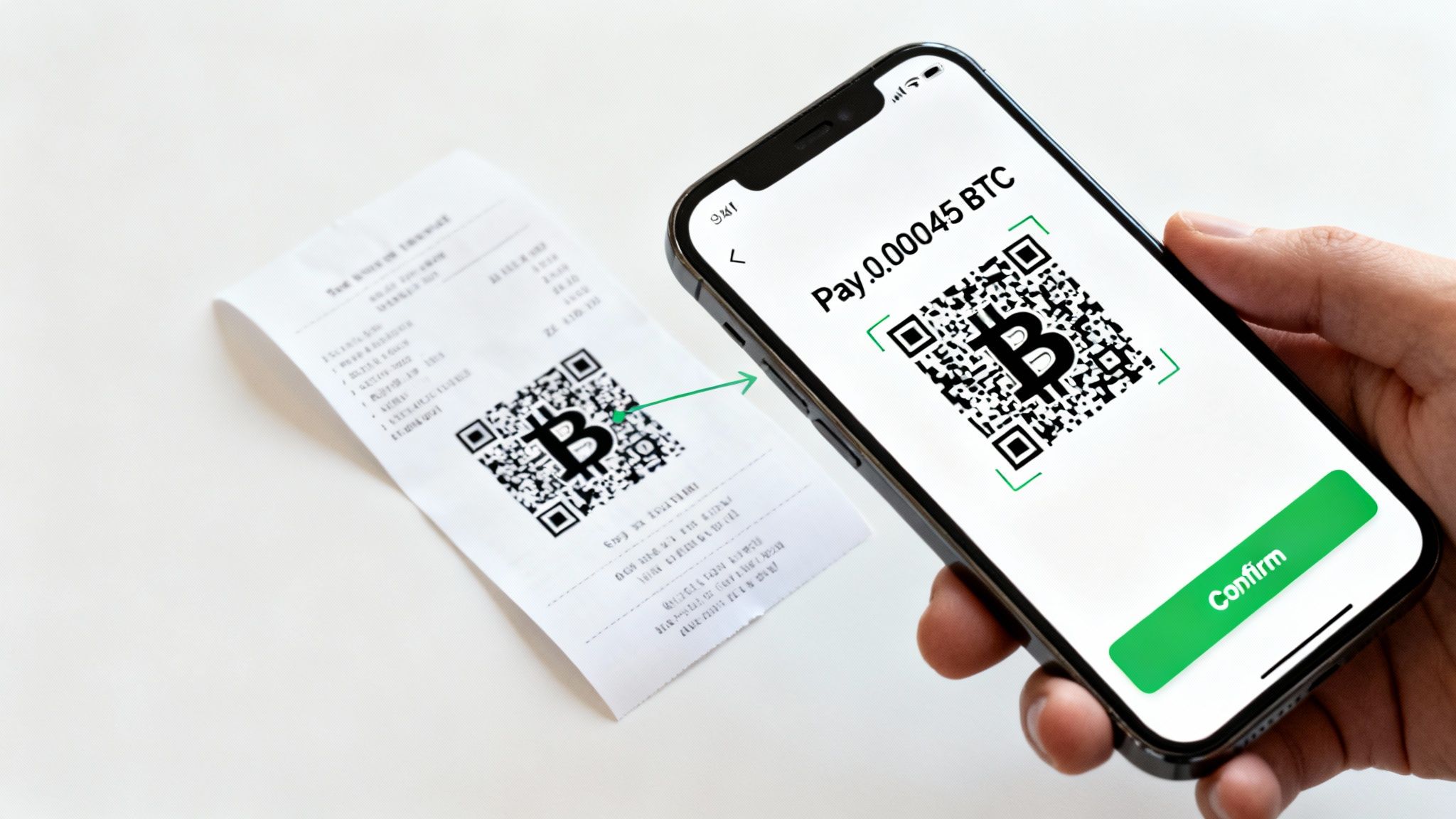 A hand holds a smartphone scanning a Bitcoin QR code on a paper receipt for cryptocurrency payment.