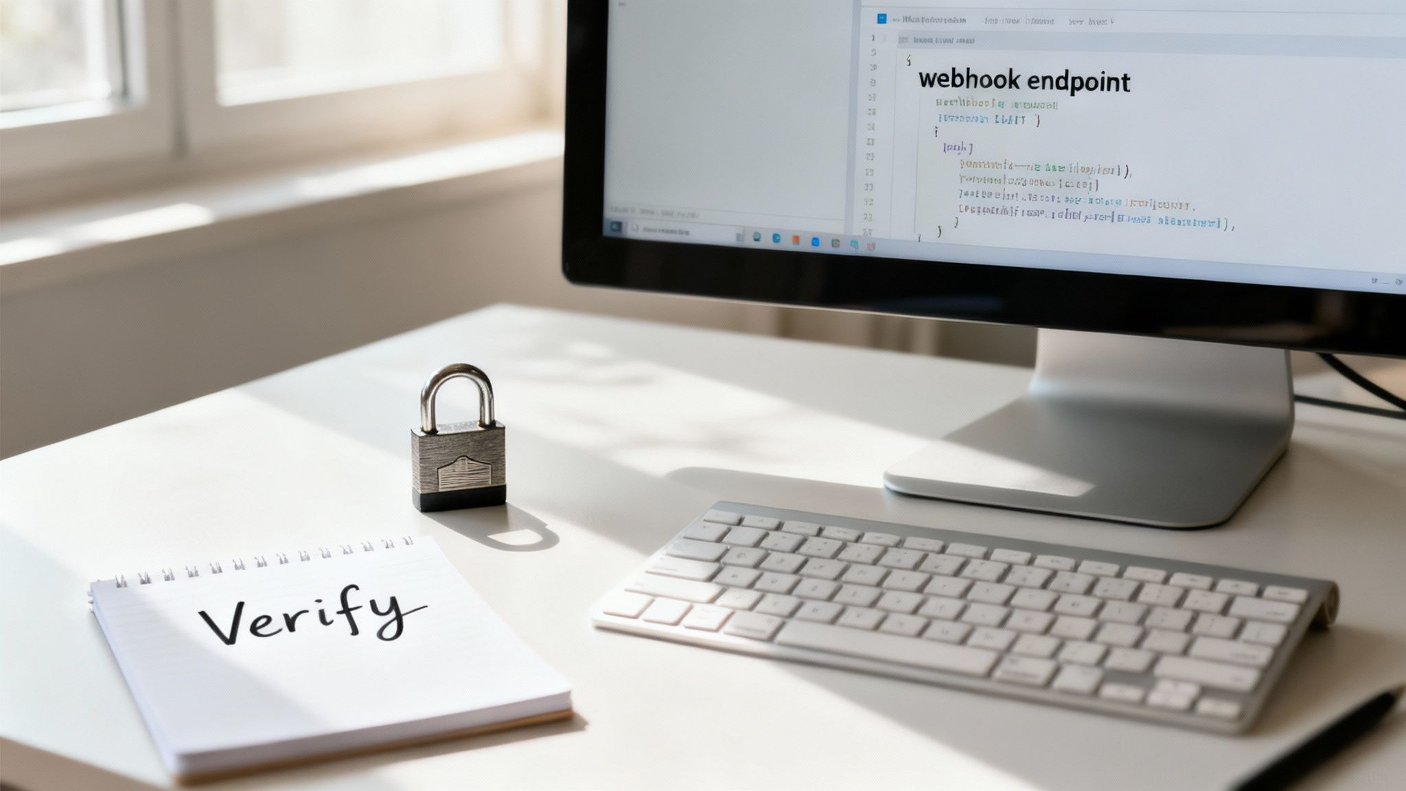 A desk with a computer displaying webhook endpoint code, a padlock, a notebook with 'Verify', and a keyboard.