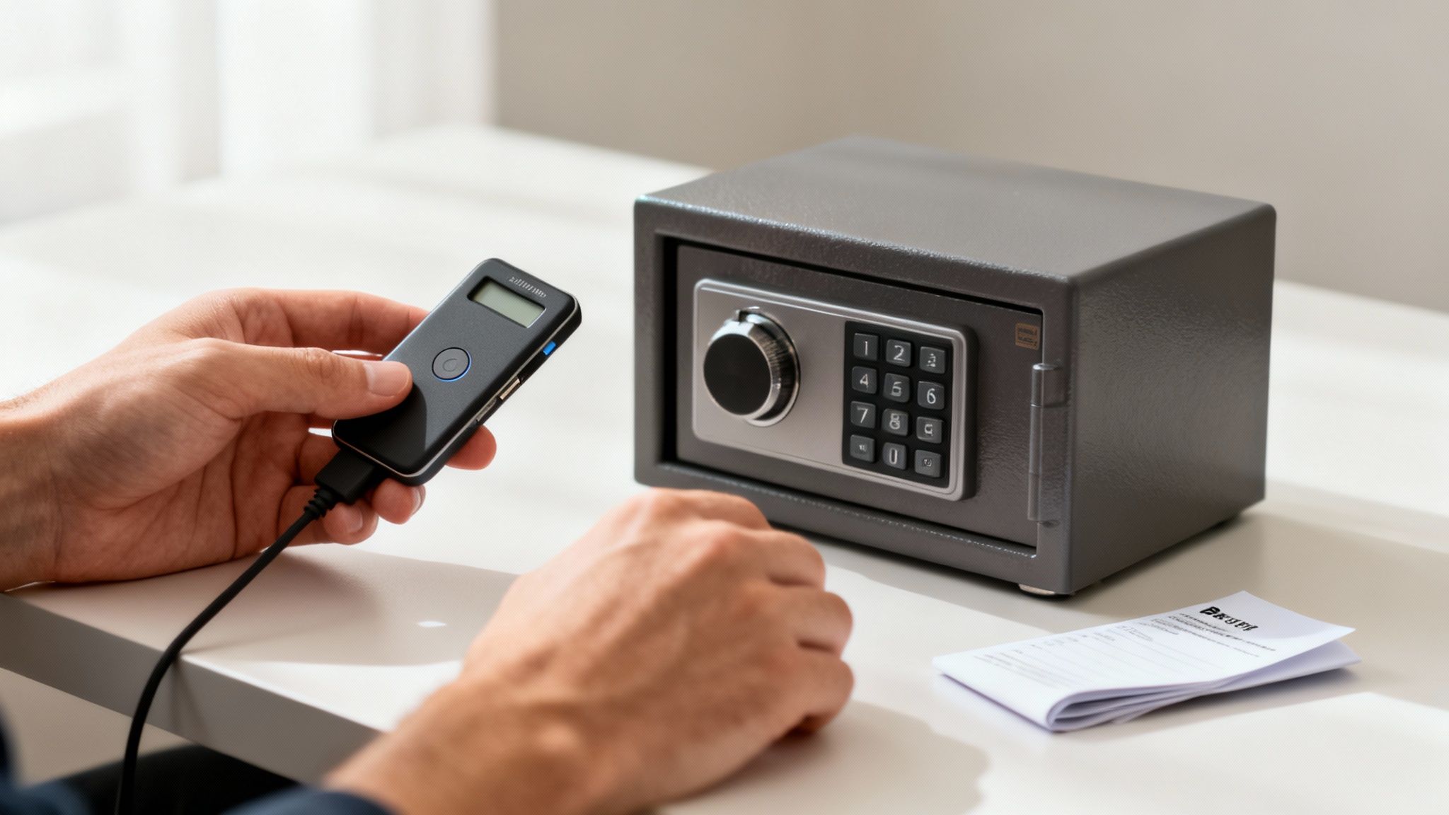 Hands holding a connected electronic security device next to a small digital safe on a table.