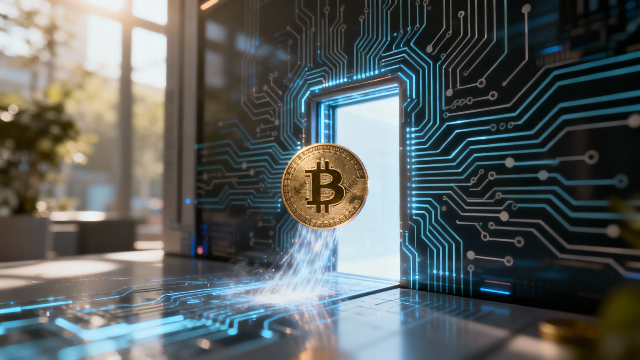 An illustration showing a Bitcoin logo at the center of a secure, decentralized payment network, representing a Bitcoin payment gateway.