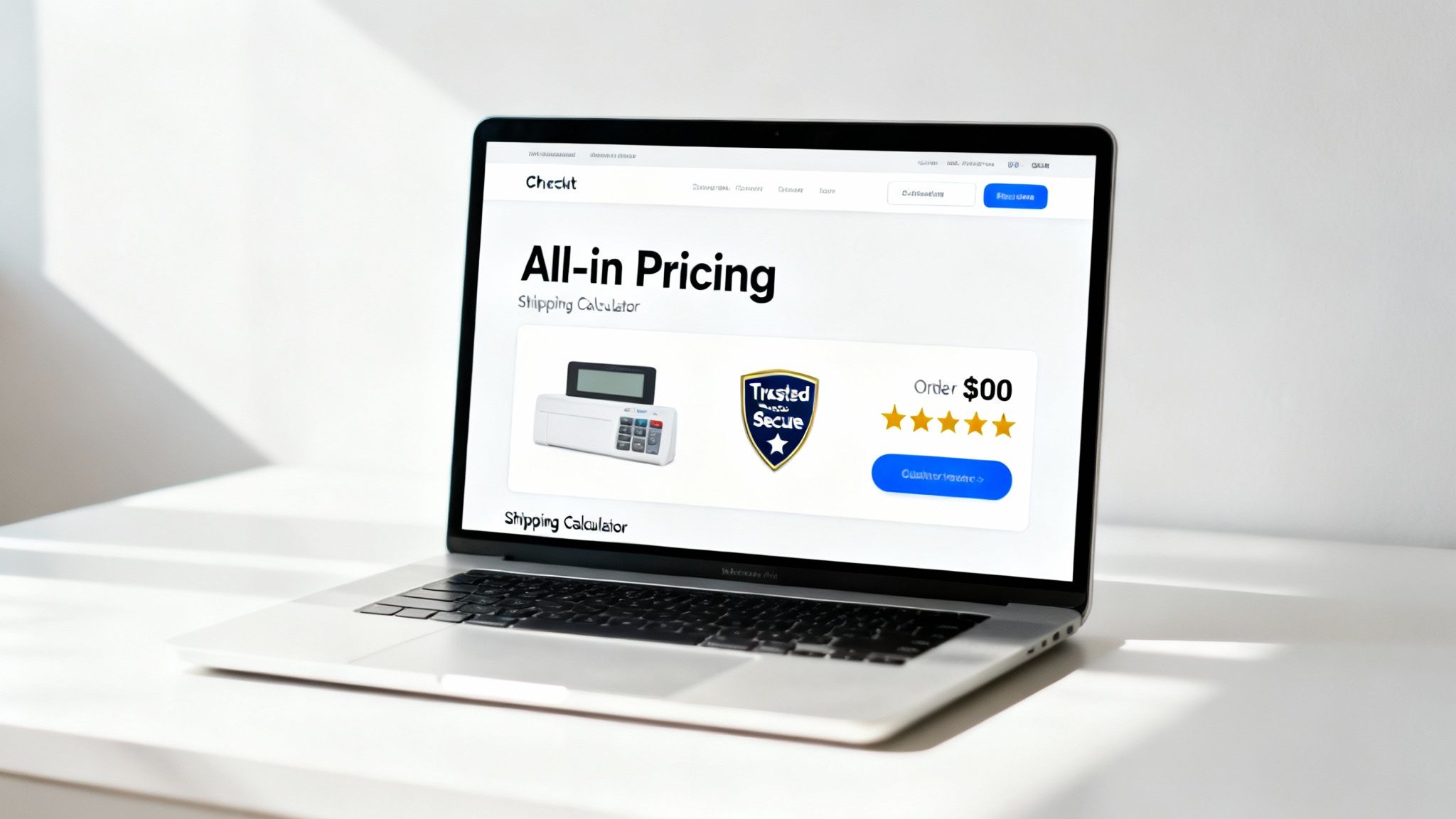 A laptop displays a Checkt website featuring an 'All-in Pricing' shipping calculator with a secure badge.