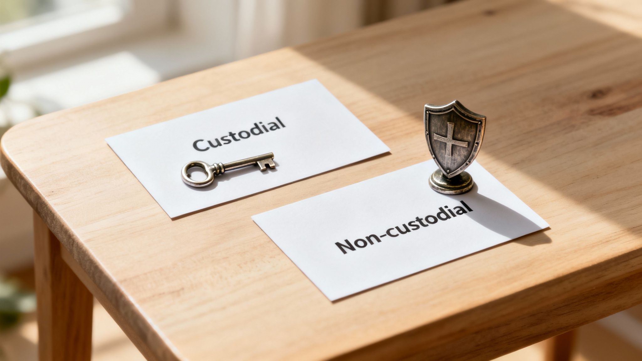 Two cards on a wooden table, one with 'Custodial' and a key, the other with 'Non-custodial' and a shield.