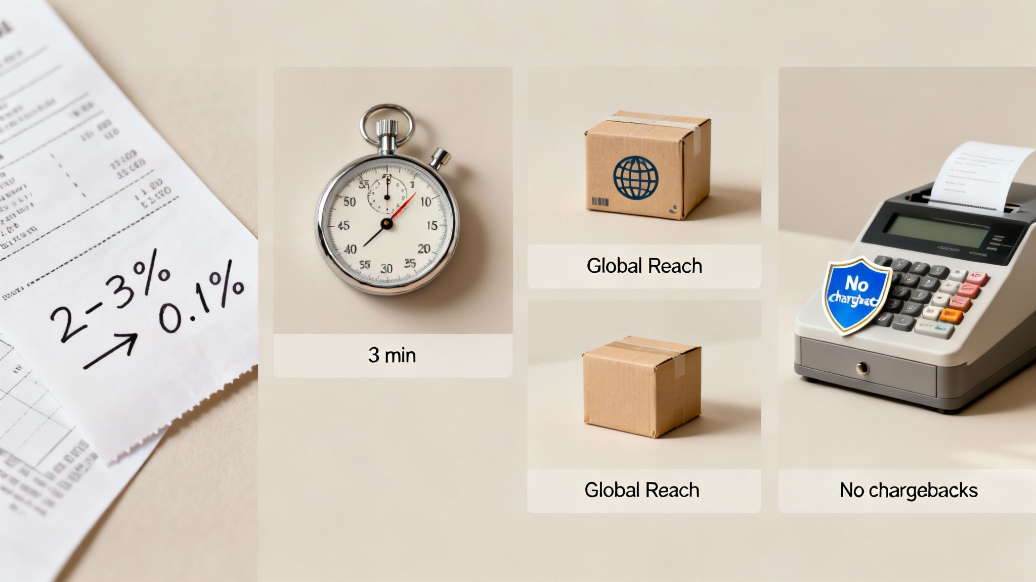Infographic showing payment solution benefits: 0.1% fees, 3-minute processing, global reach, and no chargebacks.