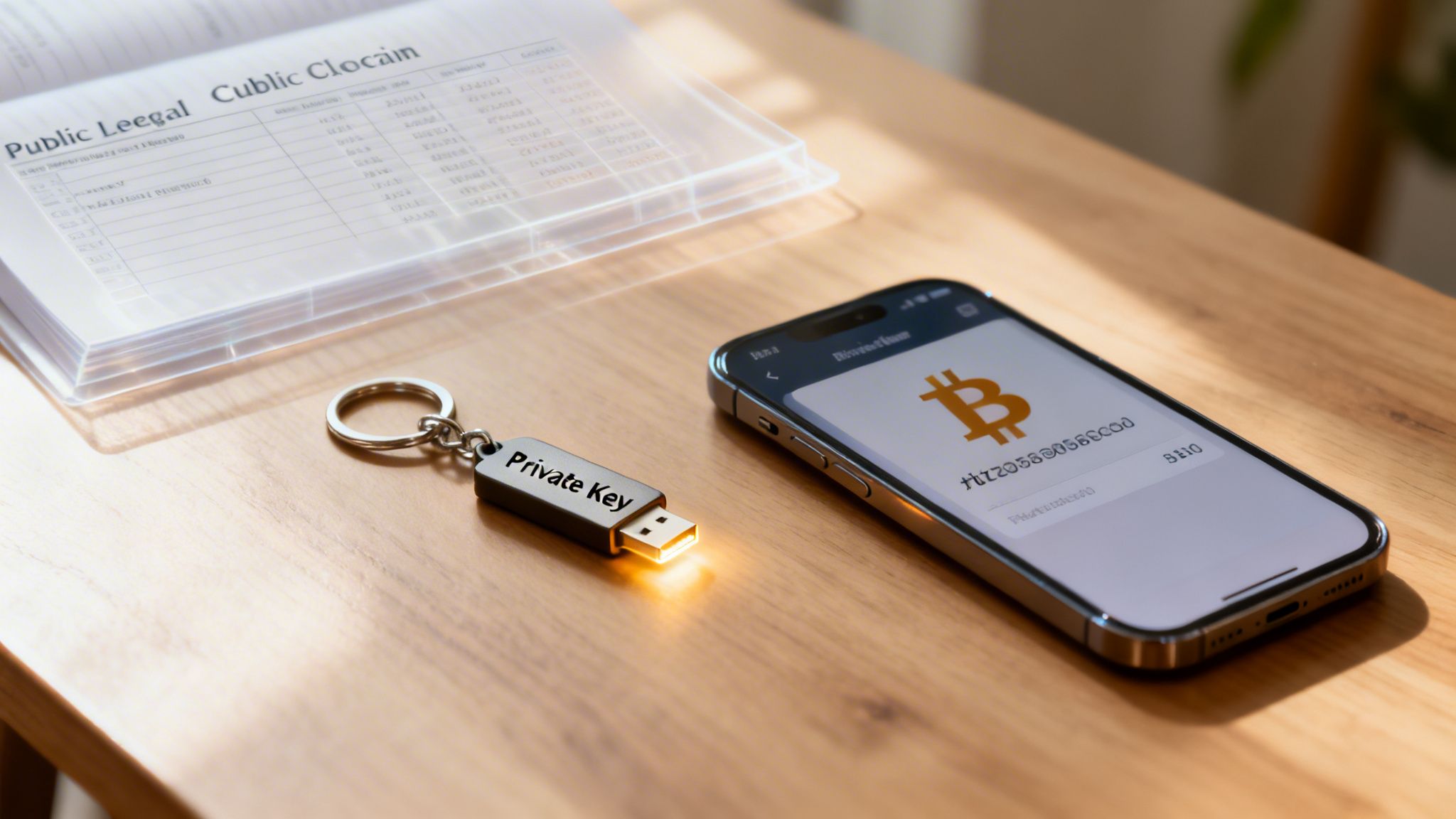 A glowing 'Private Key' USB drive, a smartphone with a Bitcoin app, and documents on a wooden desk.