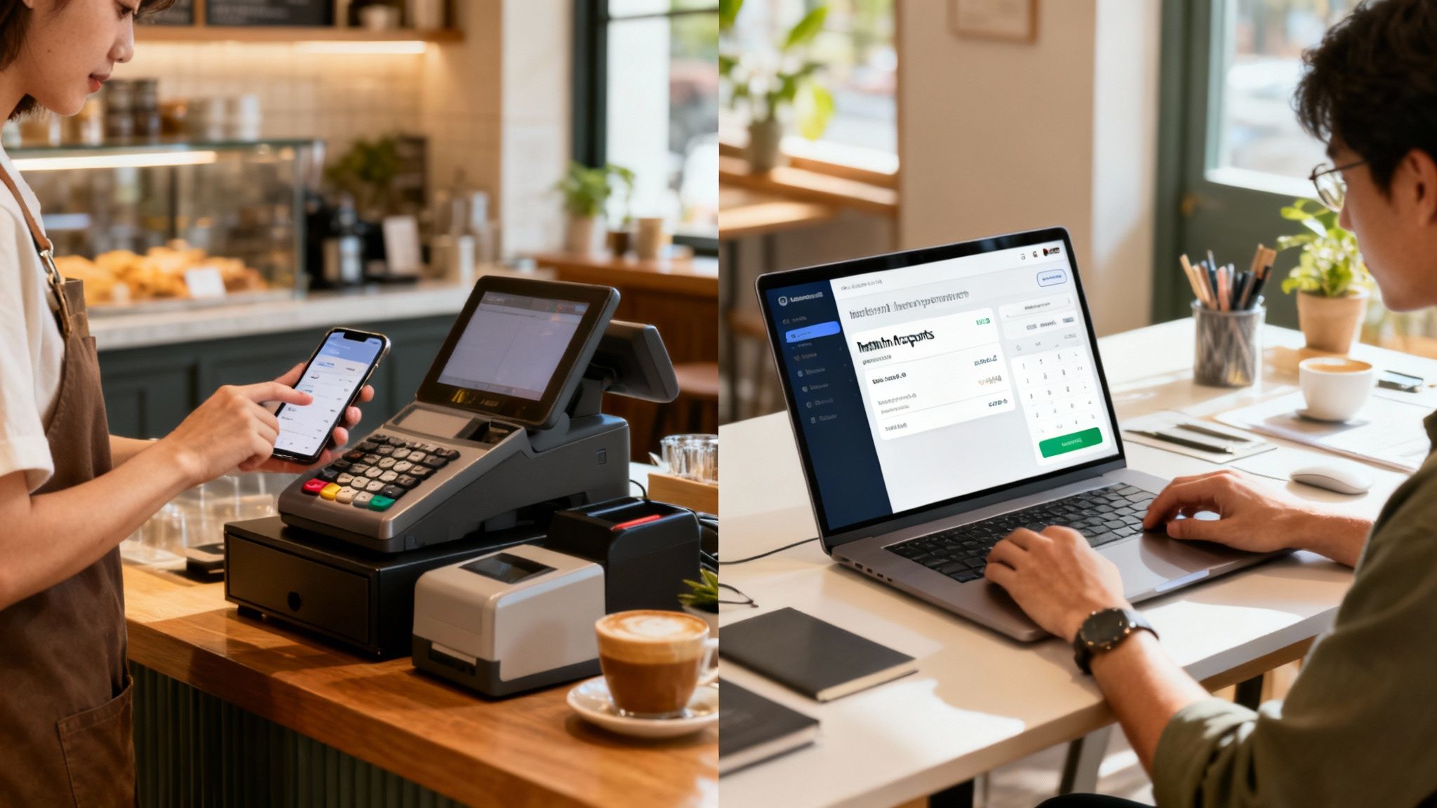 Cafe worker processing payment with phone and POS system, while a man manages finances on a laptop.