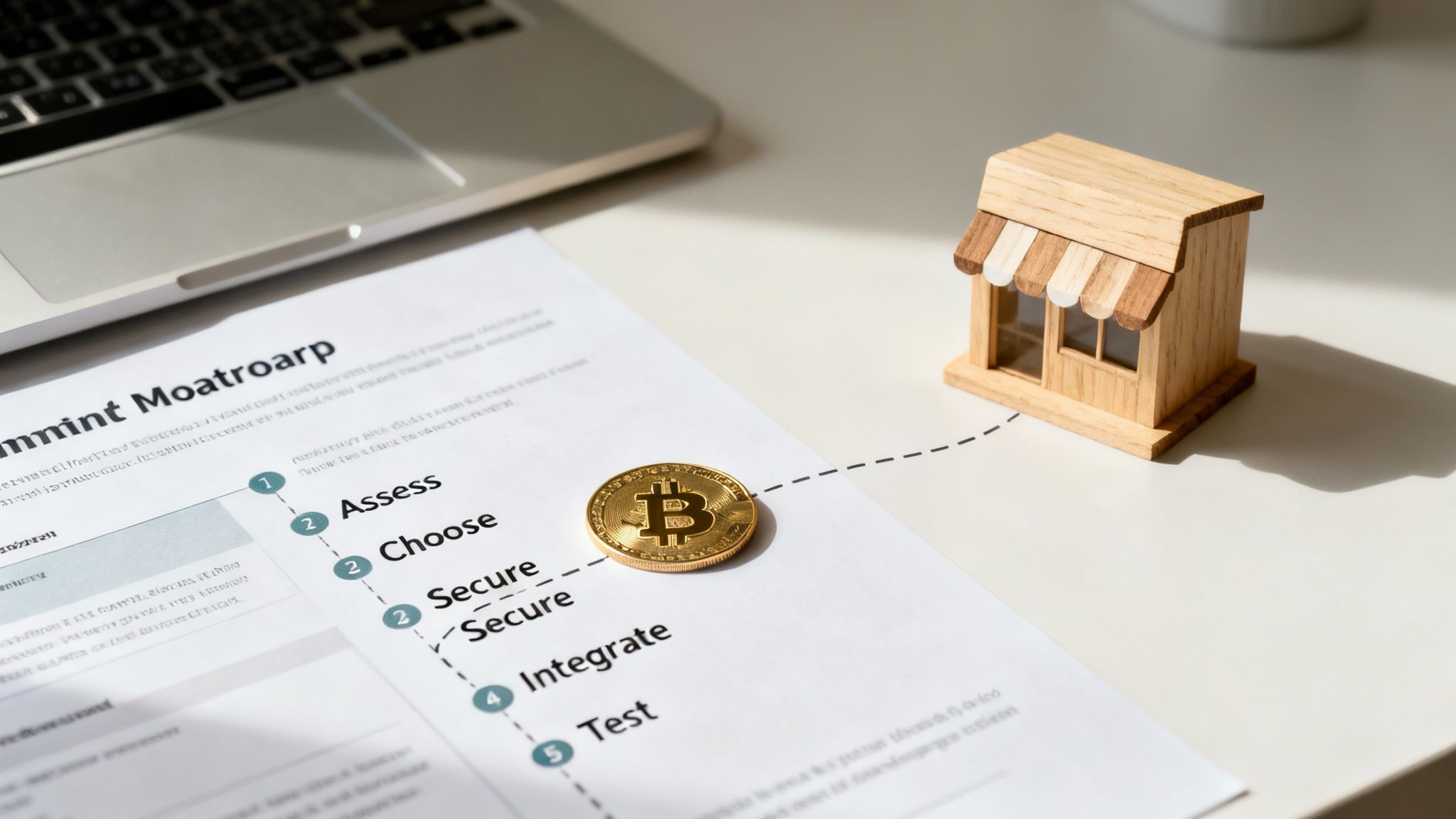 Bitcoin coin and a payment process flowchart on paper, leading to a small wooden store model.