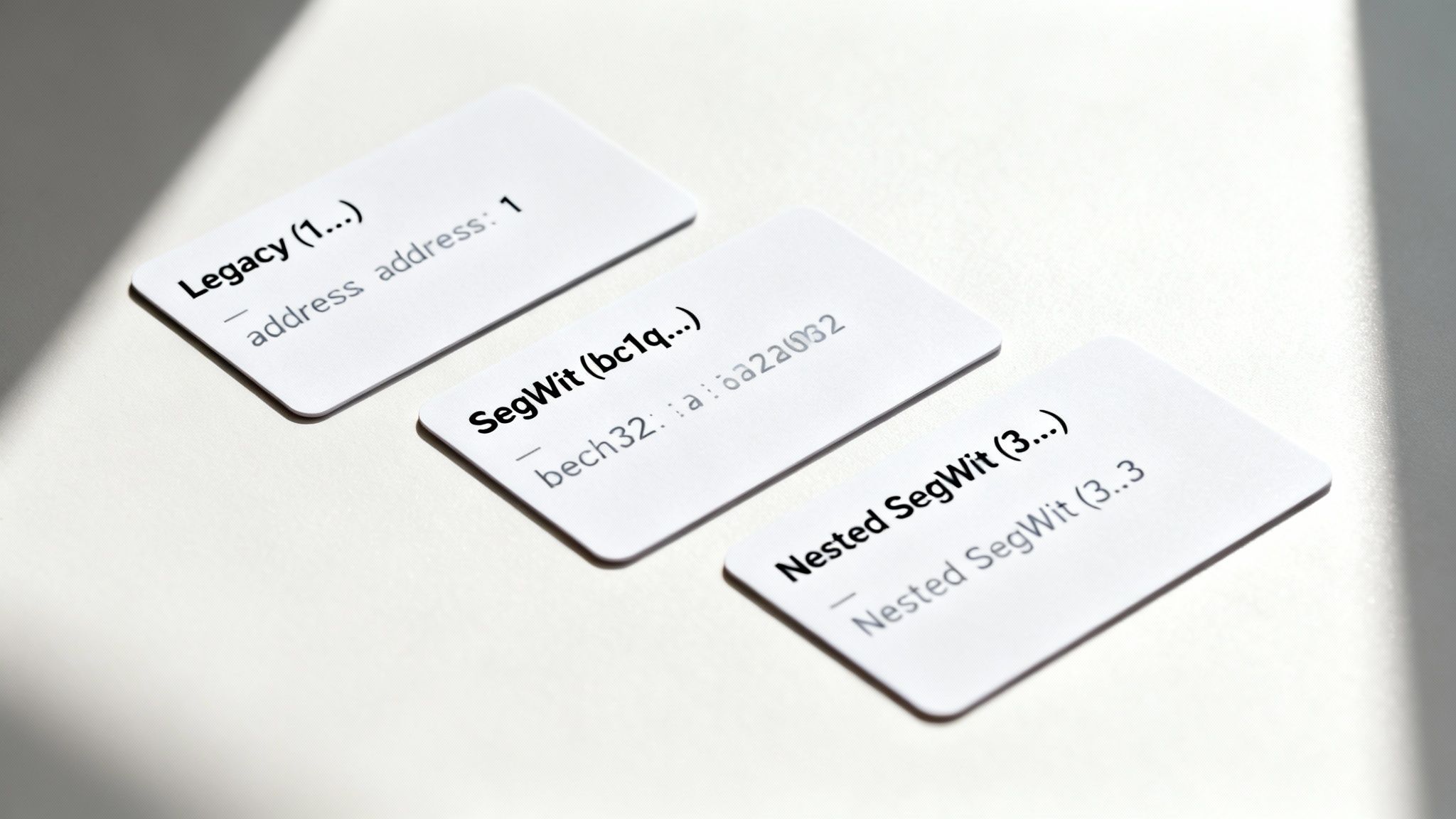 Three white cards displaying information about different Bitcoin address types: Legacy, SegWit, and Nested SegWit.