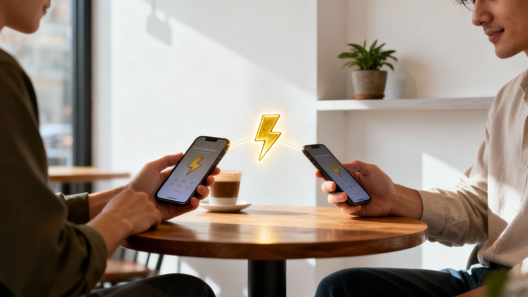 Two people hold smartphones with lightning bolt icons, suggesting wireless data or energy transfer.
